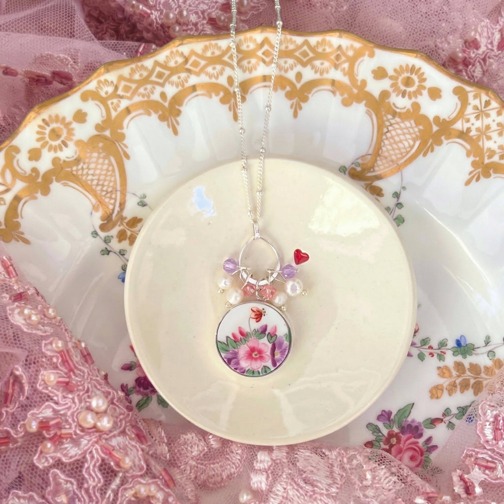 RARE Antique Floral China Necklace with Dainty Charms & Sterling Silver, One of a Kind Romantic China Jewelry 20th Anniversary Gift for Wife