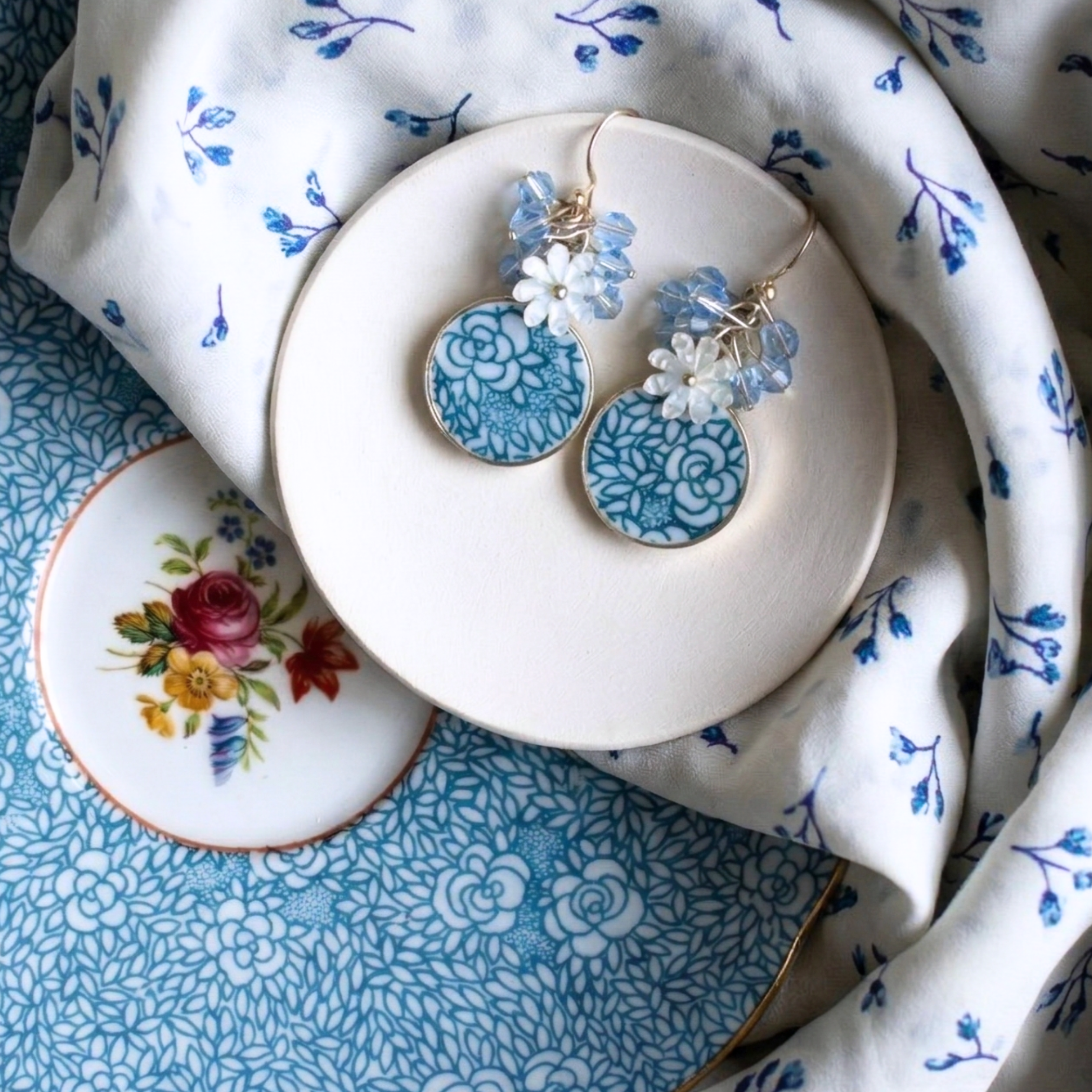 Blue Floral Chintz China Earrings handmade with Upcycled Porcelain & White Flowers