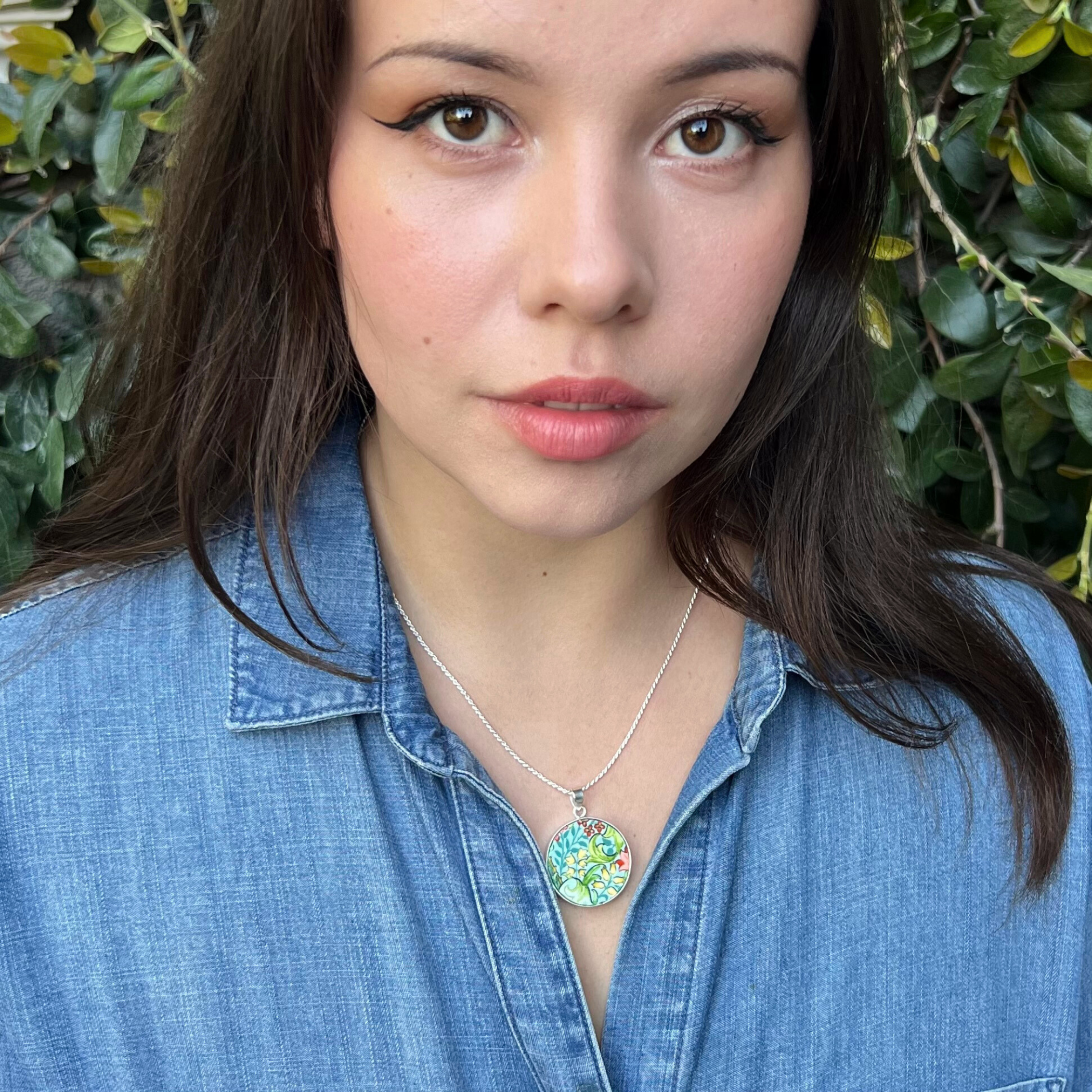 Bold William Morris Botanical Ceramic Necklace Pendant handmade with Upcycled Porcelain