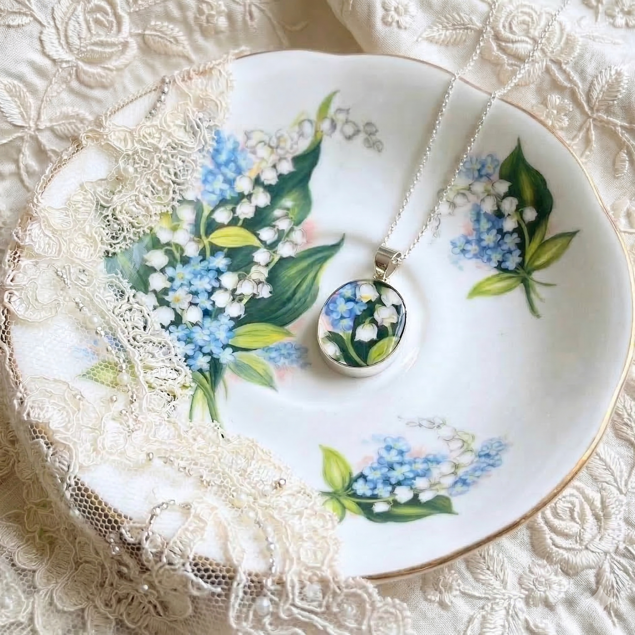Royal Albert Forget Me Not & Lily of the Valley Necklace with Upcycled Porcelain