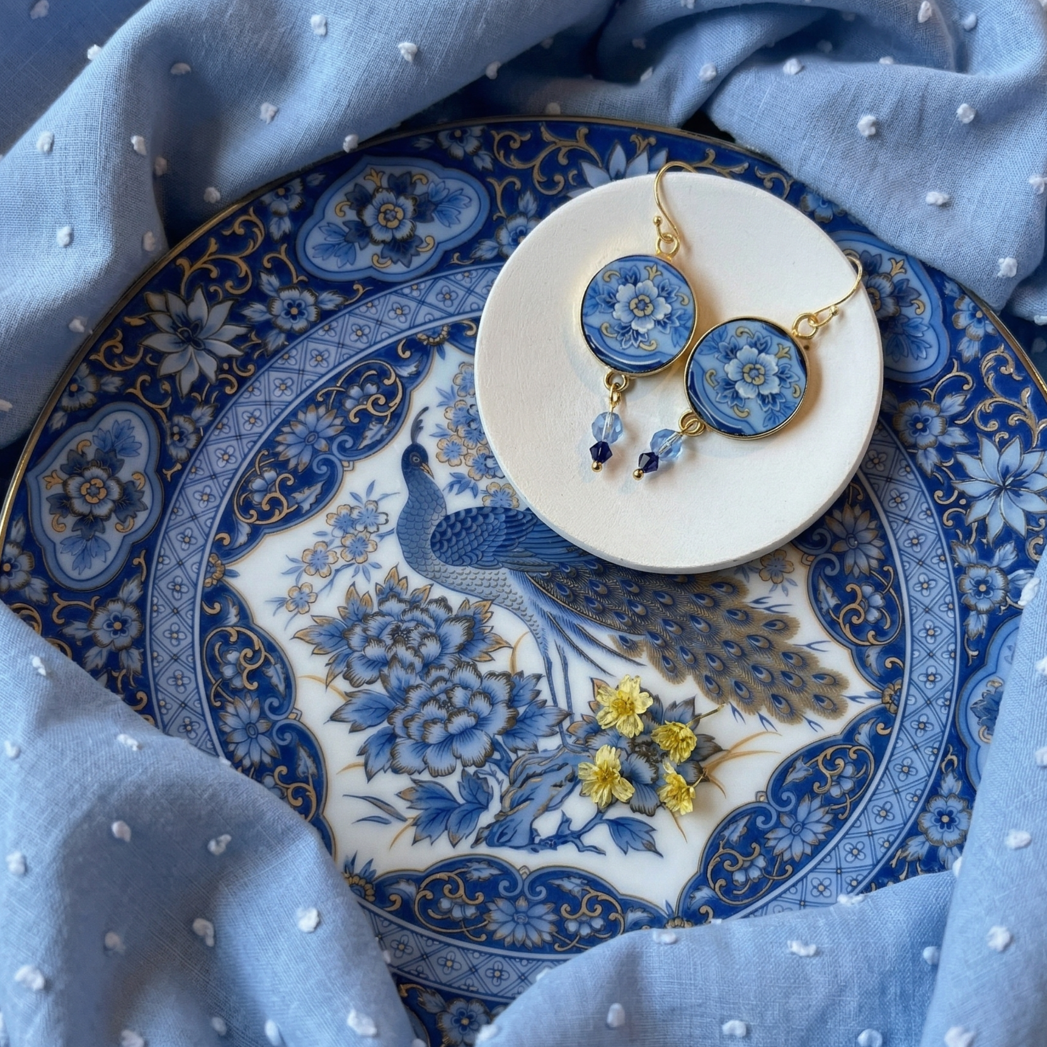 Bijoux Art Deco Porcelain Dangly Earrings handmade with Repurposed China & Swarovski Clusters