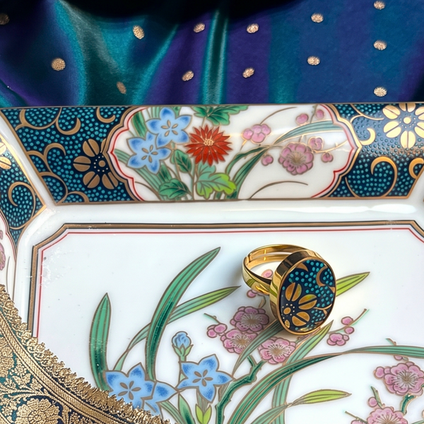 Vintage Teal and Gold Floral China Ring handmade with Unique Japanese Imari Kutani Ware