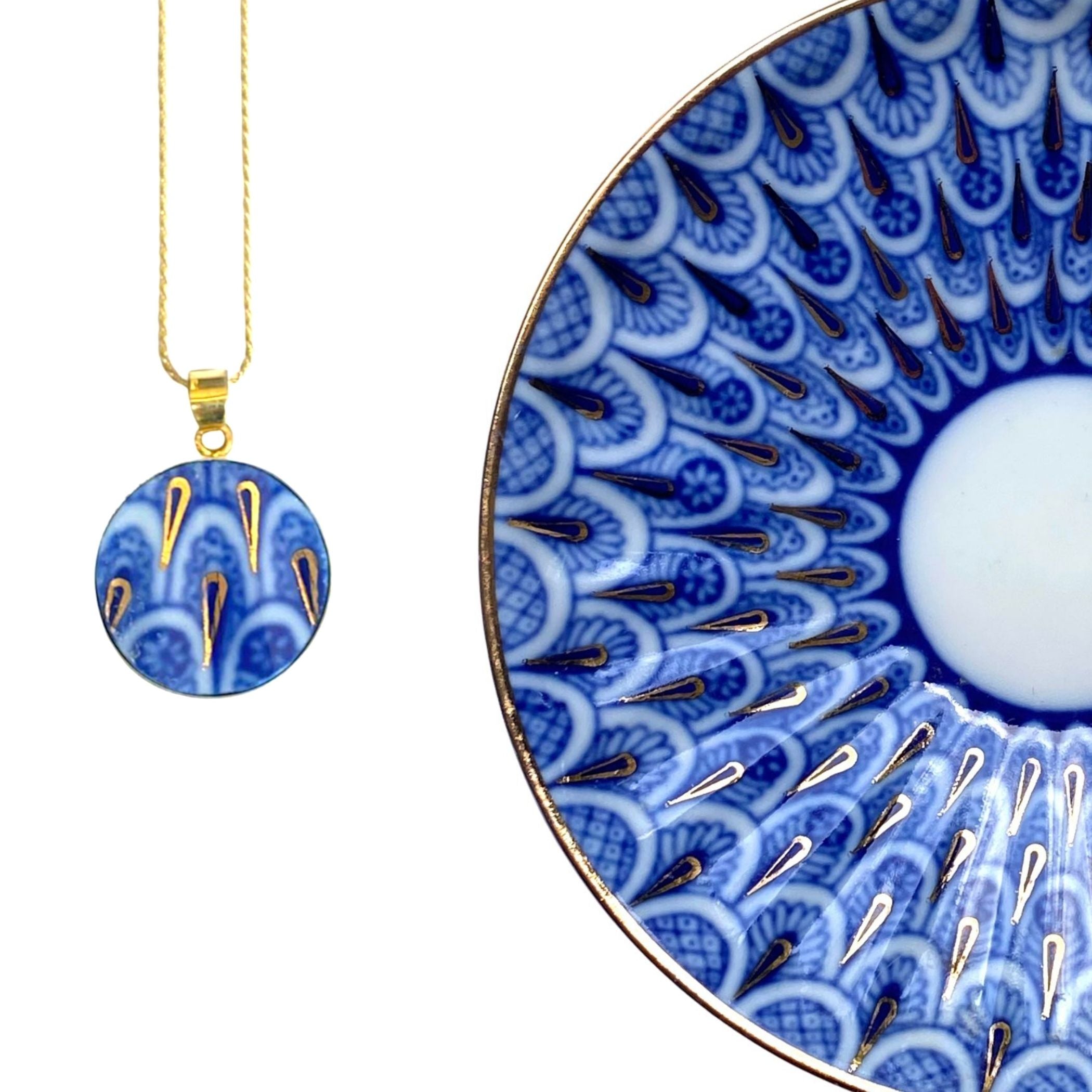 Russian Lomonosov Porcelain Necklace handmade with Upcycled China & Gold Plated Sterling Silver