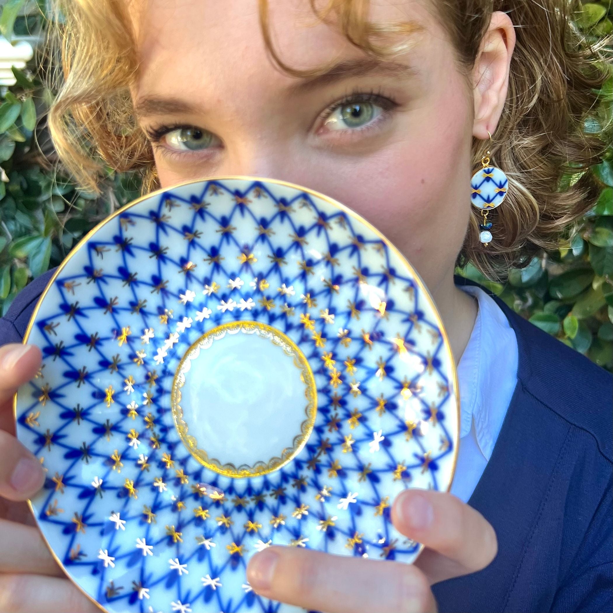 Vintage Lomonosov Porcelain Earrings handmade with Russian Cobalt Net China & Gold Sterling Silver