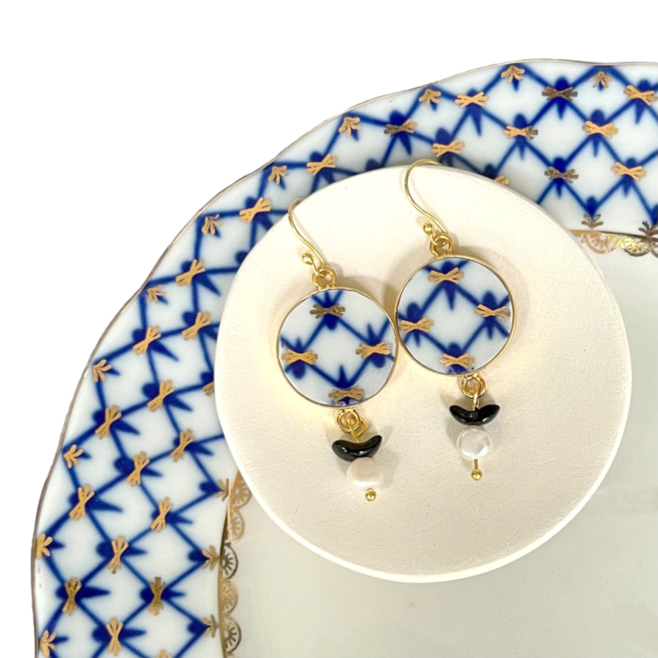 Vintage Lomonosov Porcelain Earrings handmade with Russian Cobalt Net China & Gold Sterling Silver