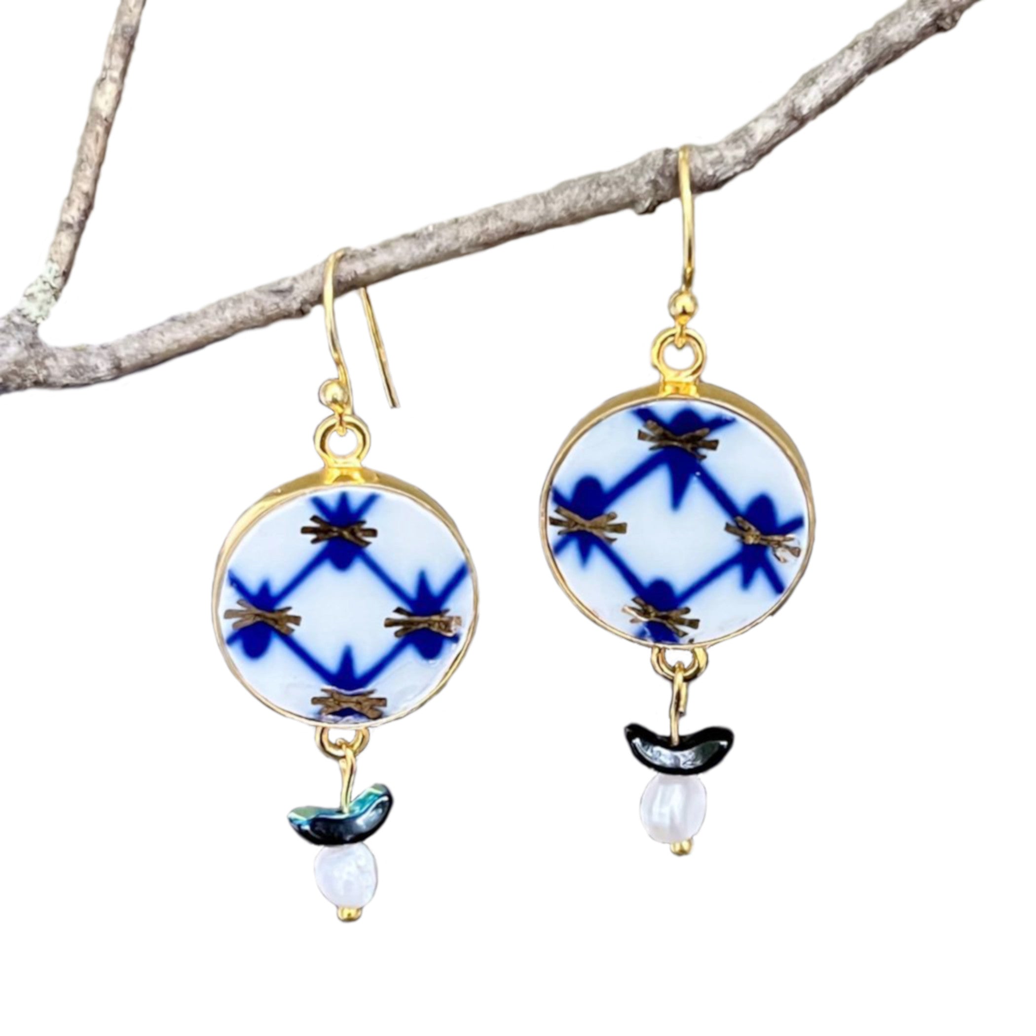 Vintage Lomonosov Porcelain Earrings handmade with Russian Cobalt Net China & Gold Sterling Silver