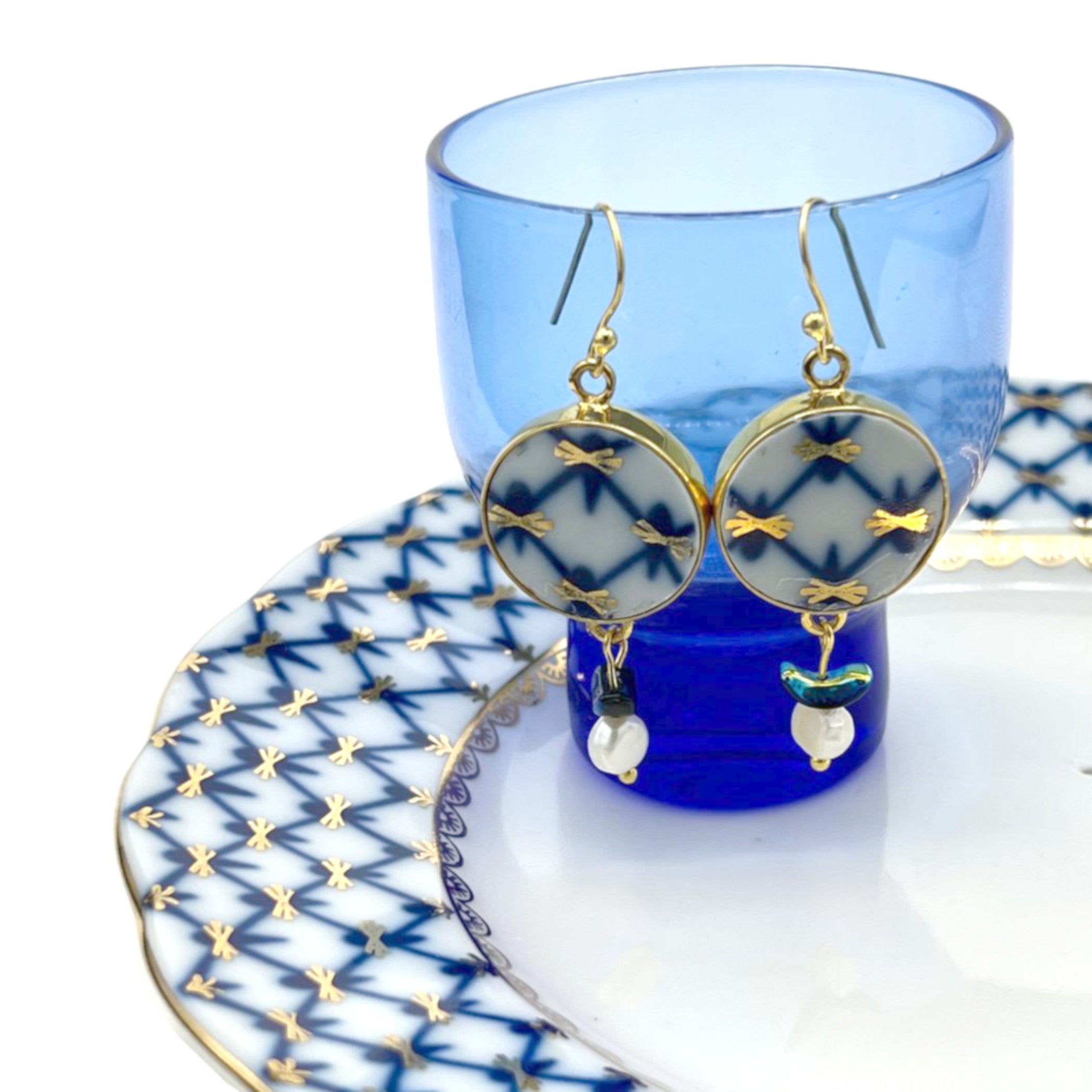 Vintage Lomonosov Porcelain Earrings handmade with Russian Cobalt Net China & Gold Sterling Silver