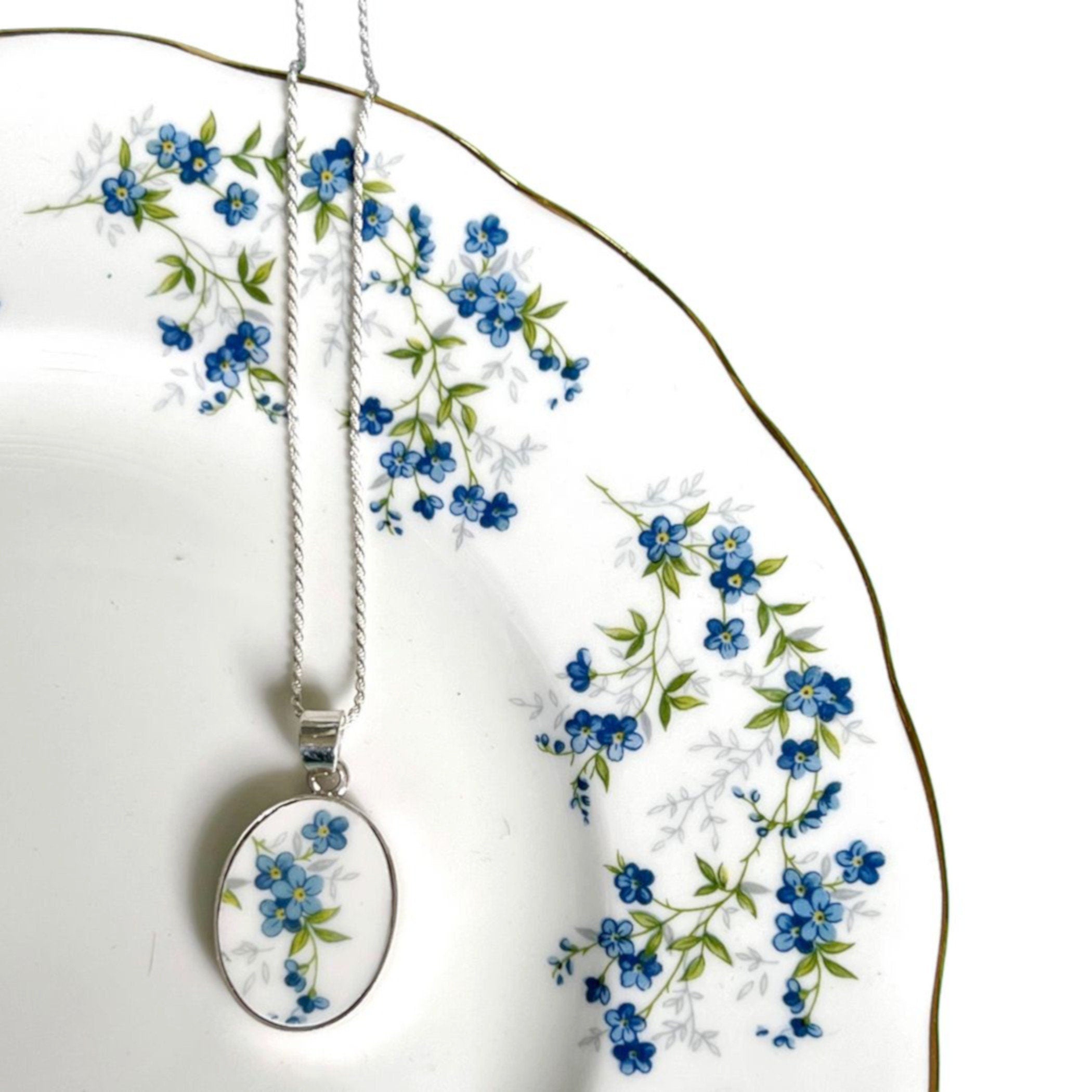 Forget Me Not Broken China Necklace handmade with Queen Anne china