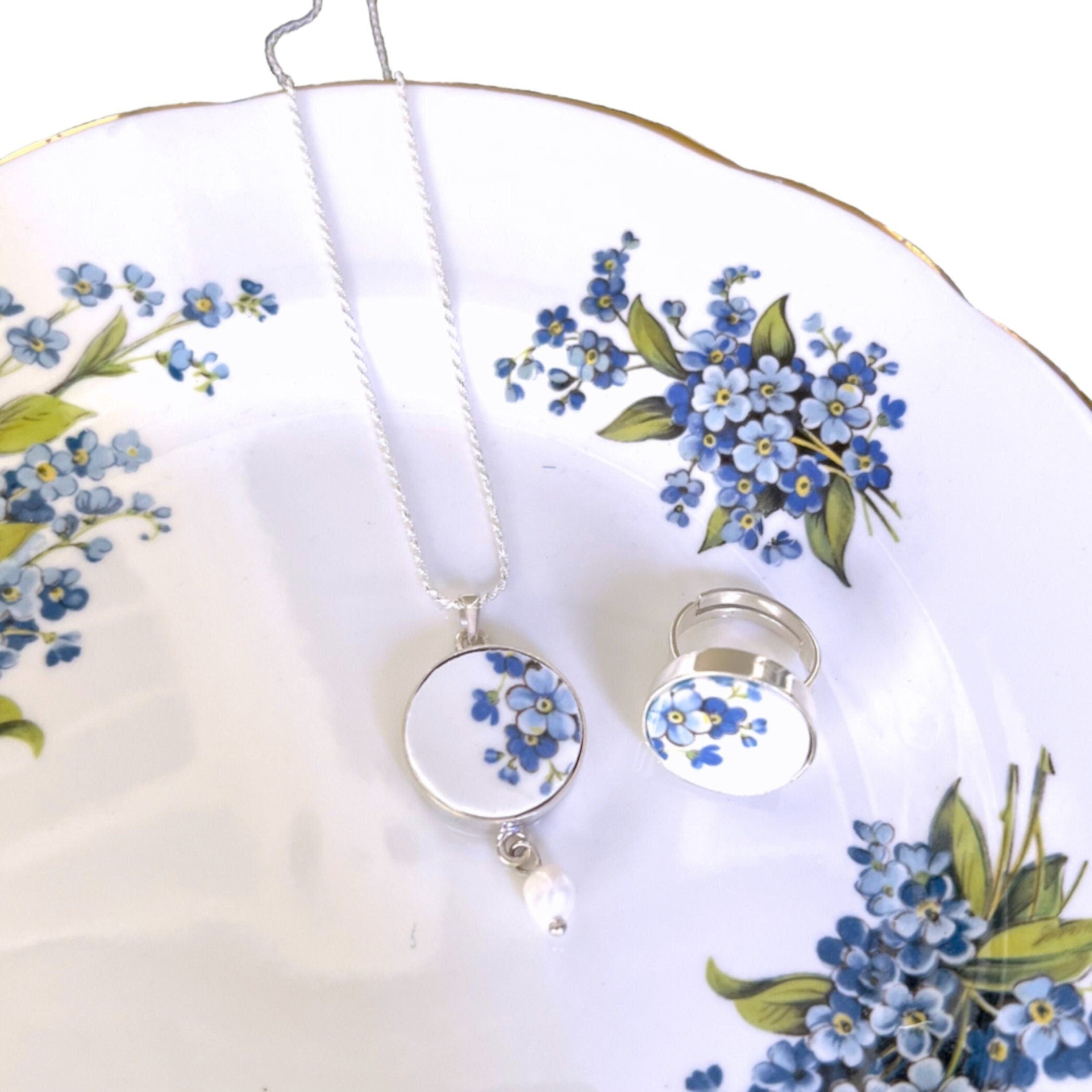 Vintage Forget Me Not Broken China Jewelry Set handmade with Repurposed China, Dainty Blue Flower China Necklace & China Ring Gift for Women