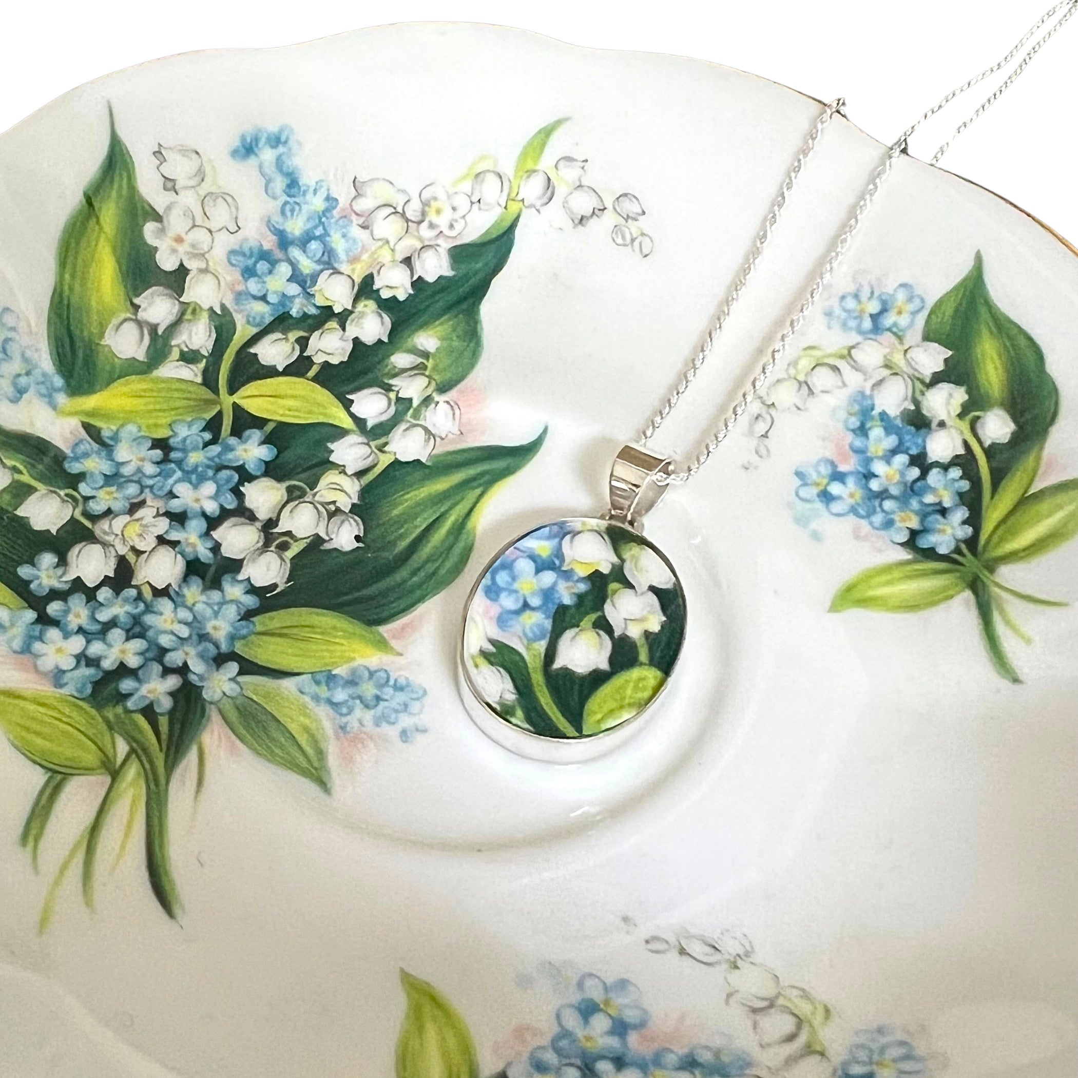 Royal Albert Broken China Jewelry, Lily of the Valley & Forget Me Not Flower China Necklace, 20th Anniversary Gift for Wife