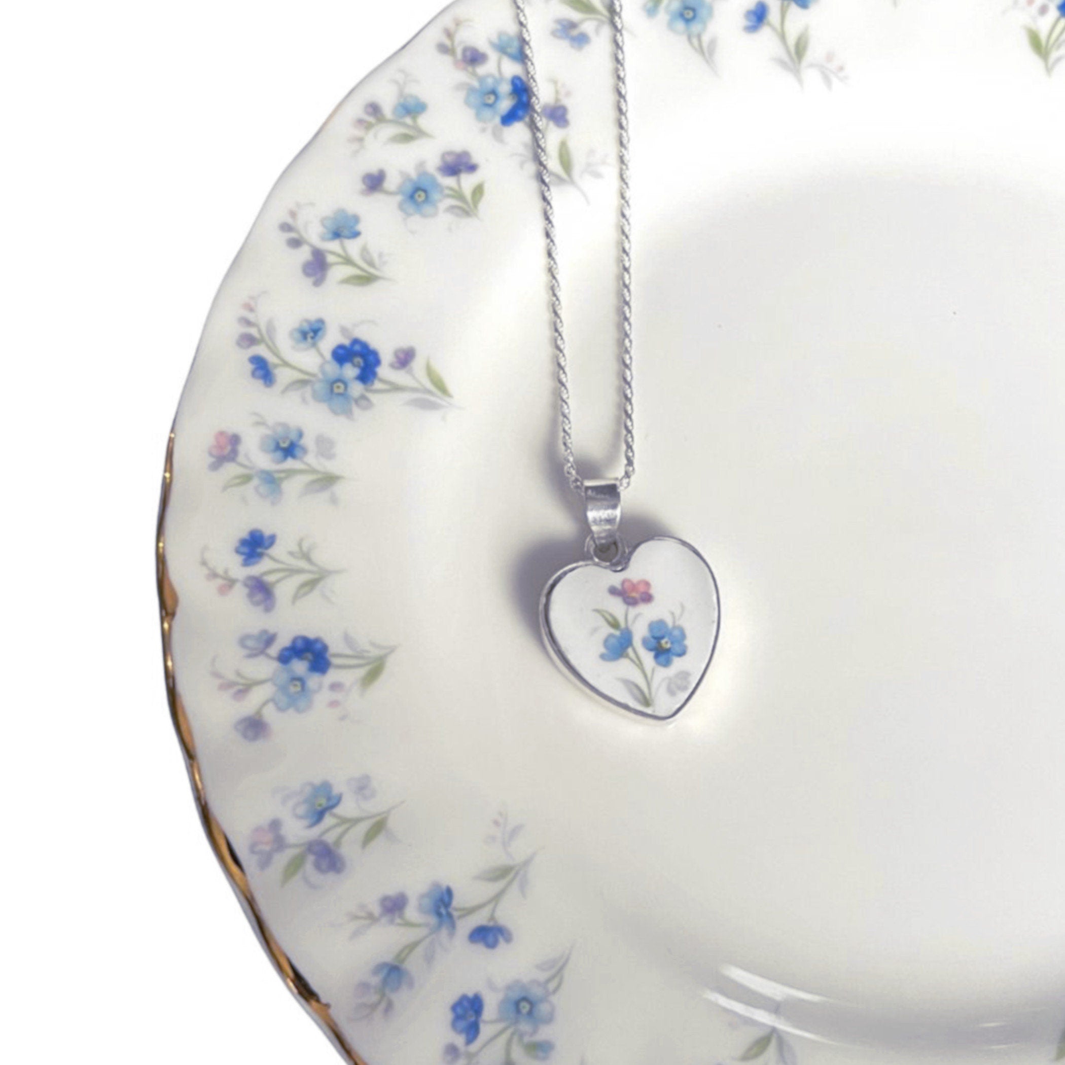 Forget Me Not Heart China Necklace handmade with Royal Albert China