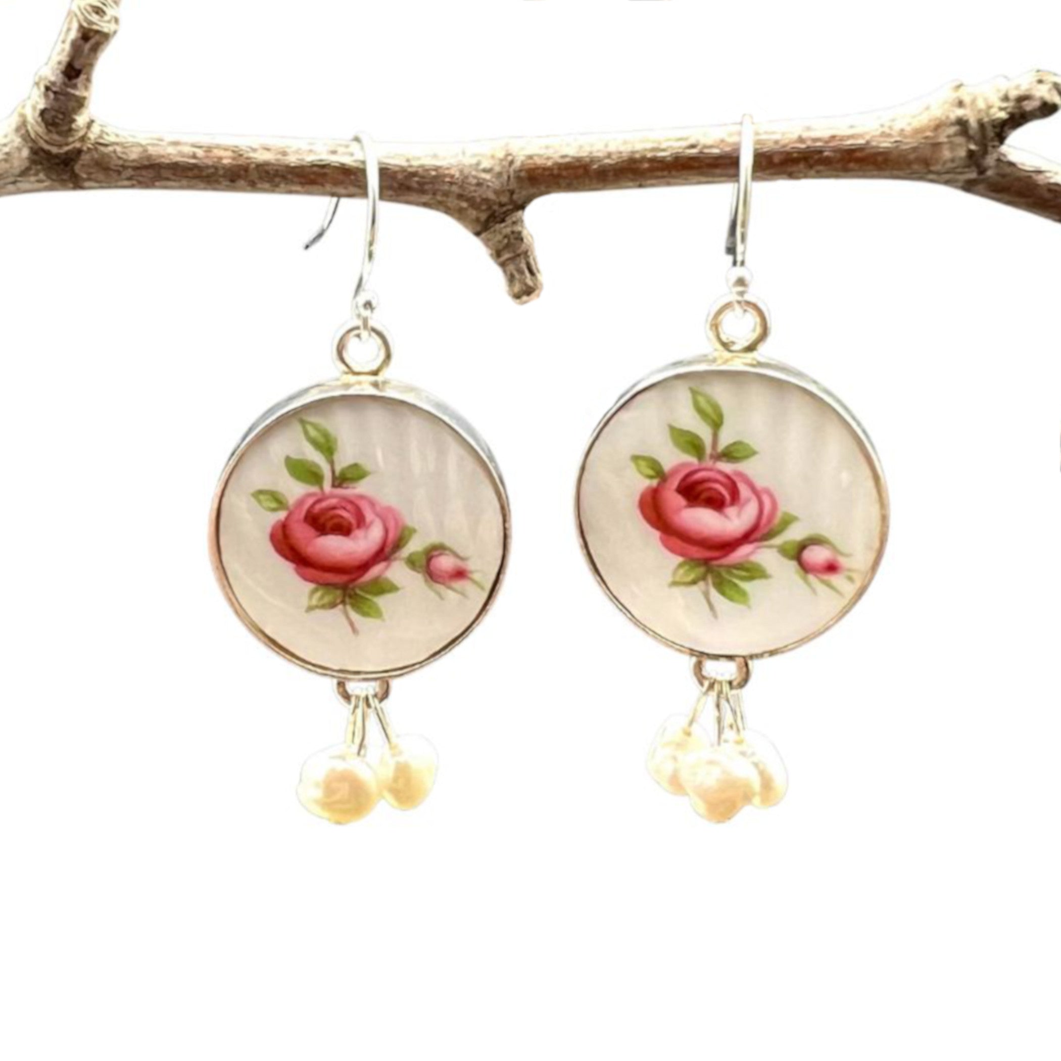 CUSTOM ORDER China Earrings with Gold or Sterling Silver & Pearl Cluster Dangles, Broken China Jewelry Made from Your China