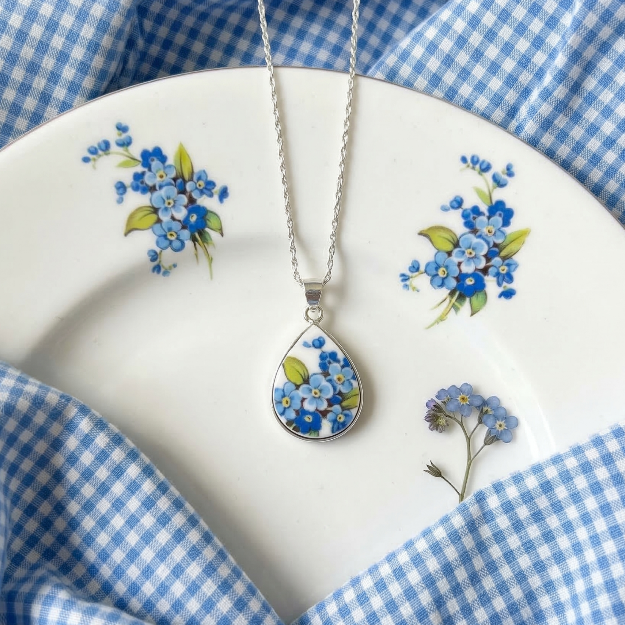 Dainty Forget Me Not China Necklace handmade with Upcycled Porcelain