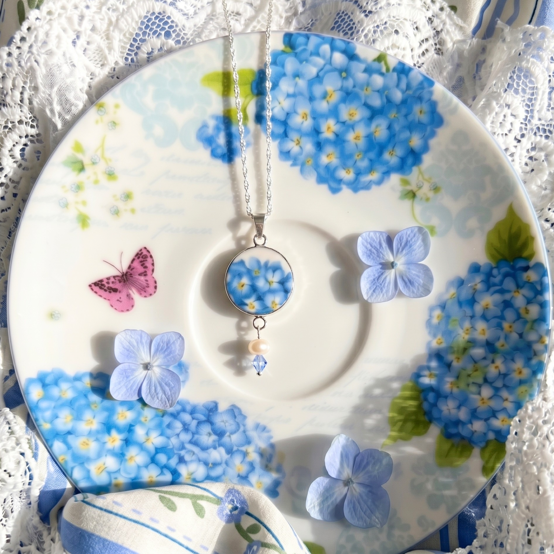 Unique Blue Hydrangea Jewelry handcrafted with Upcycled China & Sterling Silver