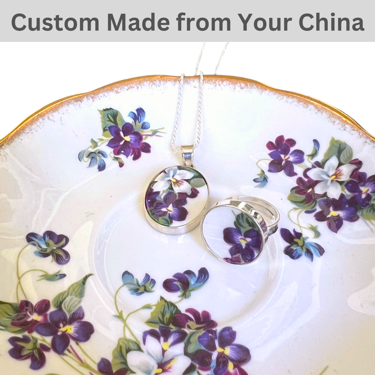 CUSTOM ORDER Oval China Necklace & China Ring Set, Broken China Jewelry Set Made from Your China