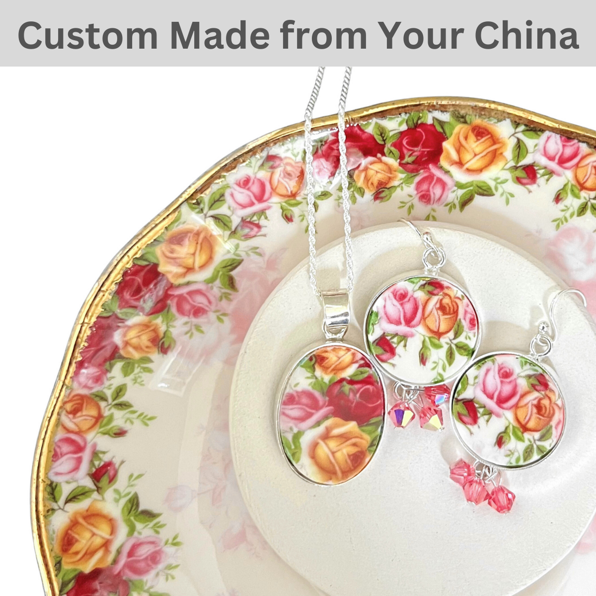 CUSTOM ORDER China Earrings & Oval Pendant Necklace, Broken China Jewelry Made from Your China