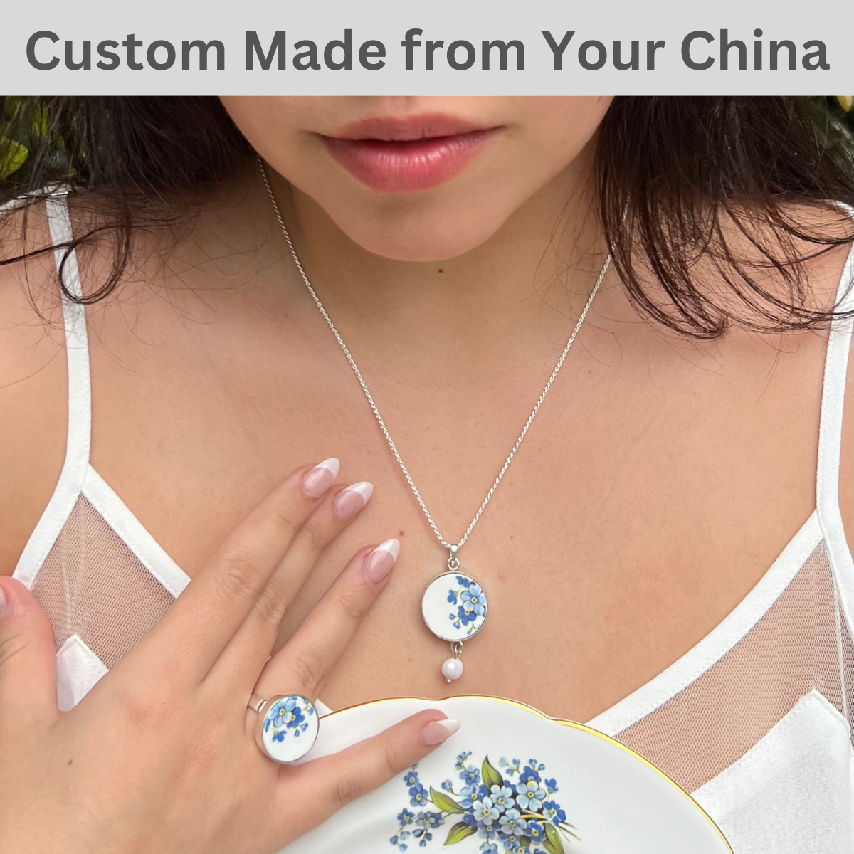 CUSTOM ORDER China Pendant  Necklace with Dangle & China Ring Set, Broken China Jewelry Made from Your China