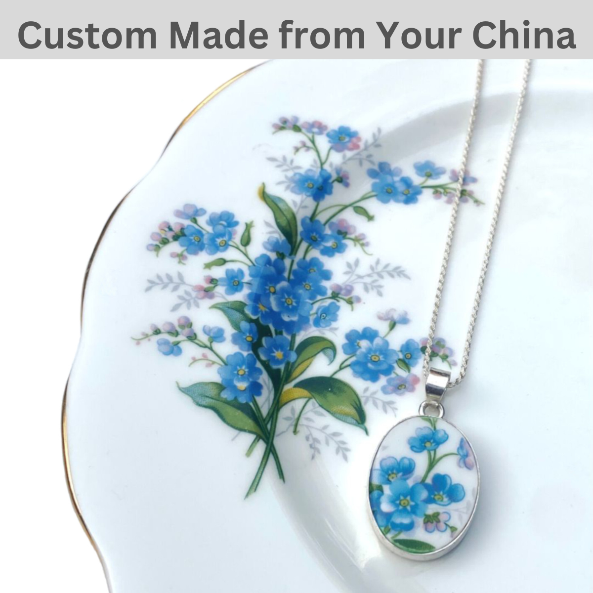 CUSTOM ORDER Oval China Necklace with Sterling Silver, Broken China Jewelry handmade from Your China