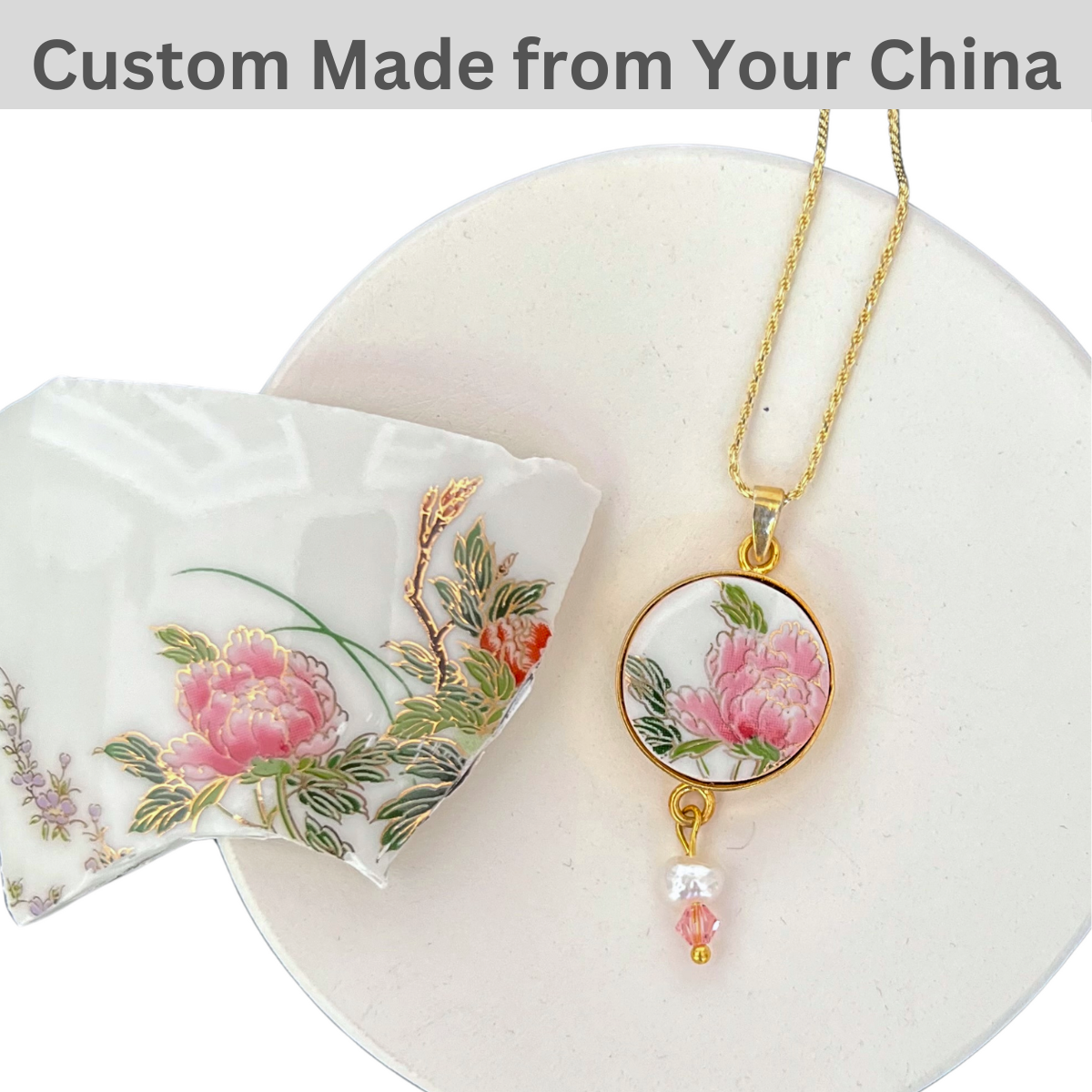 CUSTOM ORDER China Pendant Necklace with Pearl Dangle, Broken China Jewelry Made from Your China