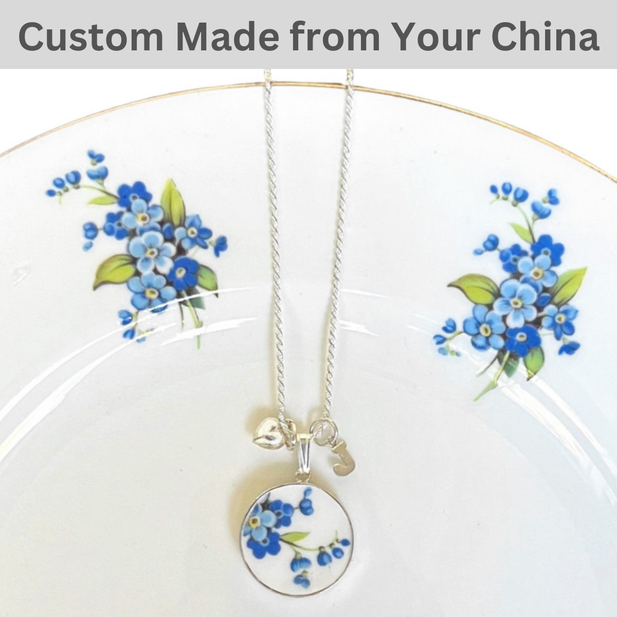 CUSTOM ORDER Personalized China Necklace with Initial & Heart Charms in Sterling Silver, Broken China Jewelry Made from Your China