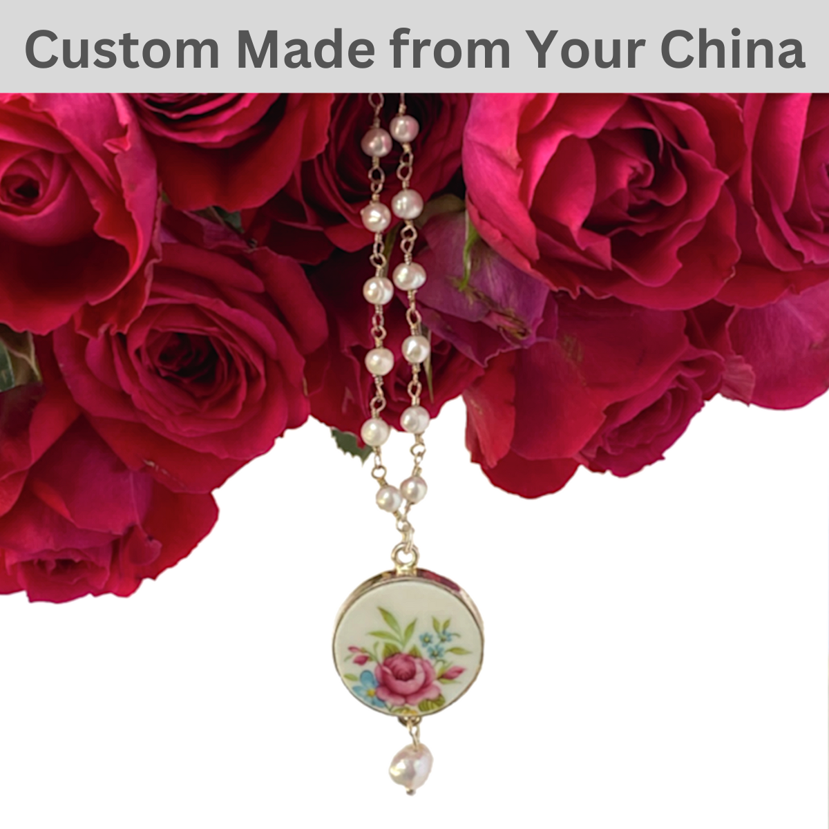 CUSTOM ORDER Round Pendant with Silver & Pearl Chain, Broken China Jewelry handmade from Your China