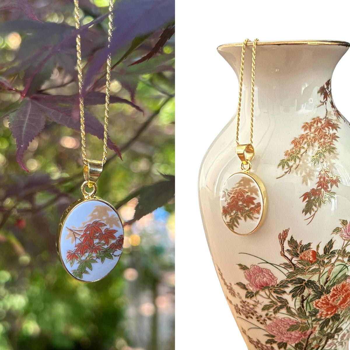 An oval maple leaf porcelain pendant necklace hanging outdoors on the left, with red maple leaves and green foliage in the background. On the right, the same pendant necklace is displayed on a white ceramic vase decorated with floral patterns against a white background.