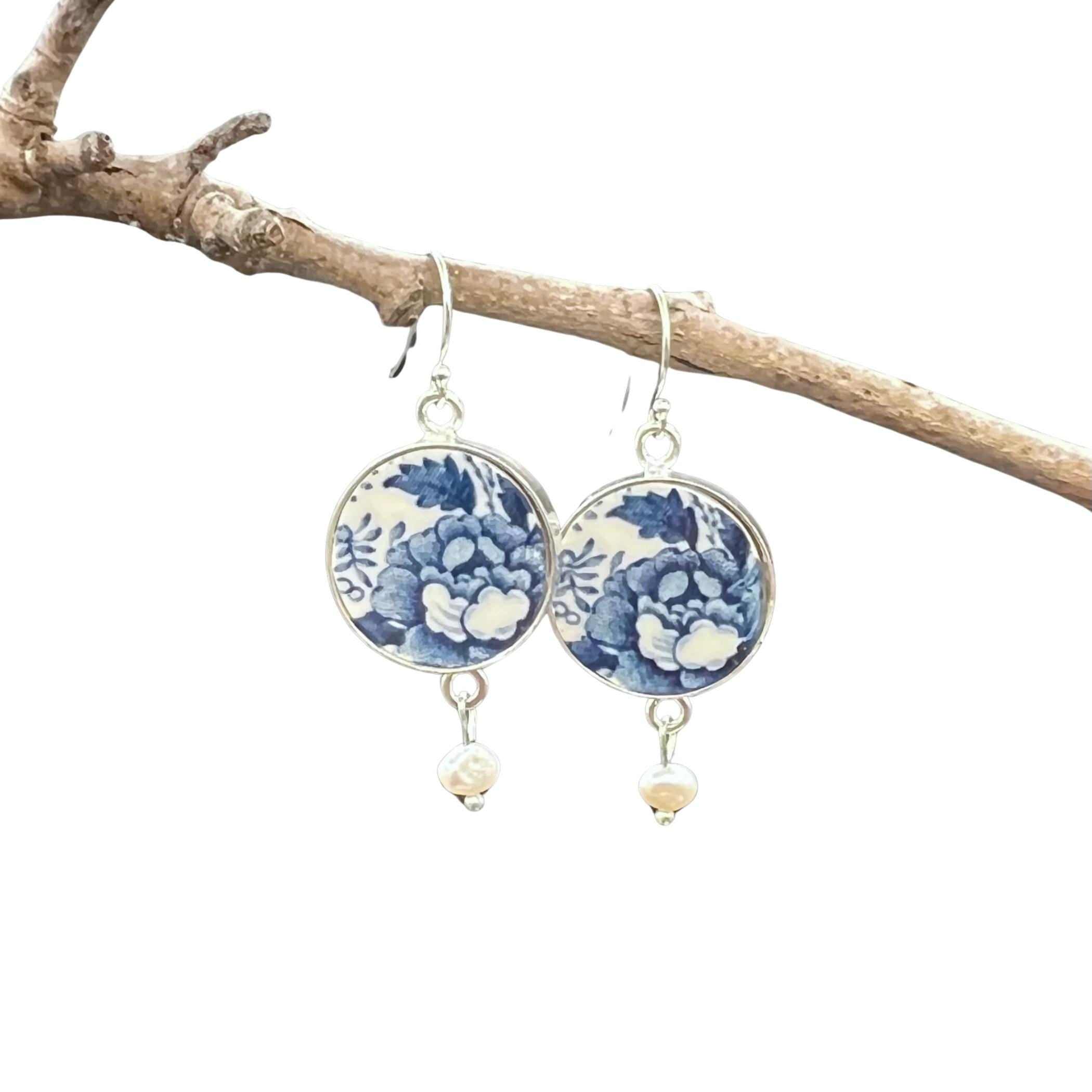 China earrings handmade with Royal Tonquin china, featuring blue roses with freshwater pearl dangles