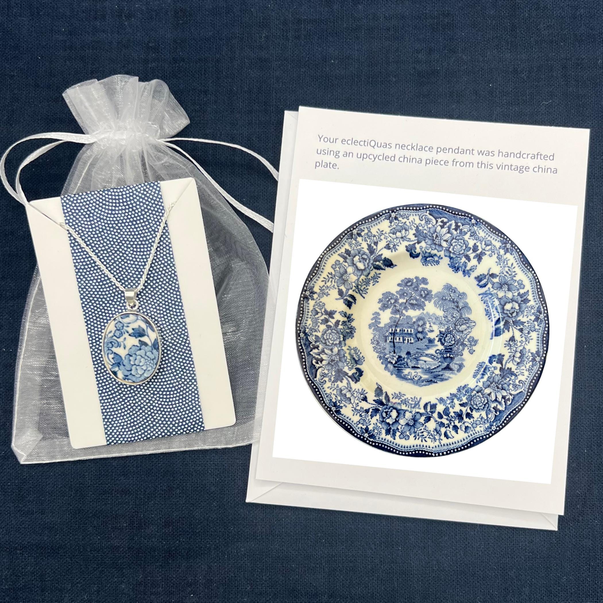 Blue and white Staffordshire china necklace on a white organza jewelry bag with a photo card of the china plate they were made from.