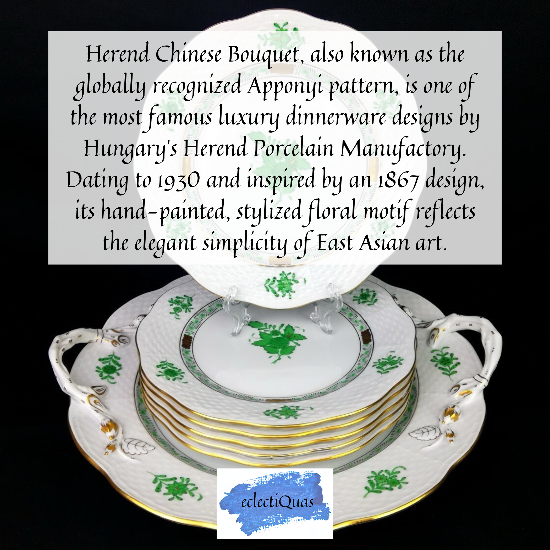 Herend Chinese Bouquet, also known as the globally recognized Apponyi pattern, is one of the most famous luxury dinnerware designs by Hungary's Herend Porcelain Manufactory. Dating to 1930 and inspired by an 1867 design, its hand-painted, stylized floral motif reflects the elegant simplicity of East Asian art. 