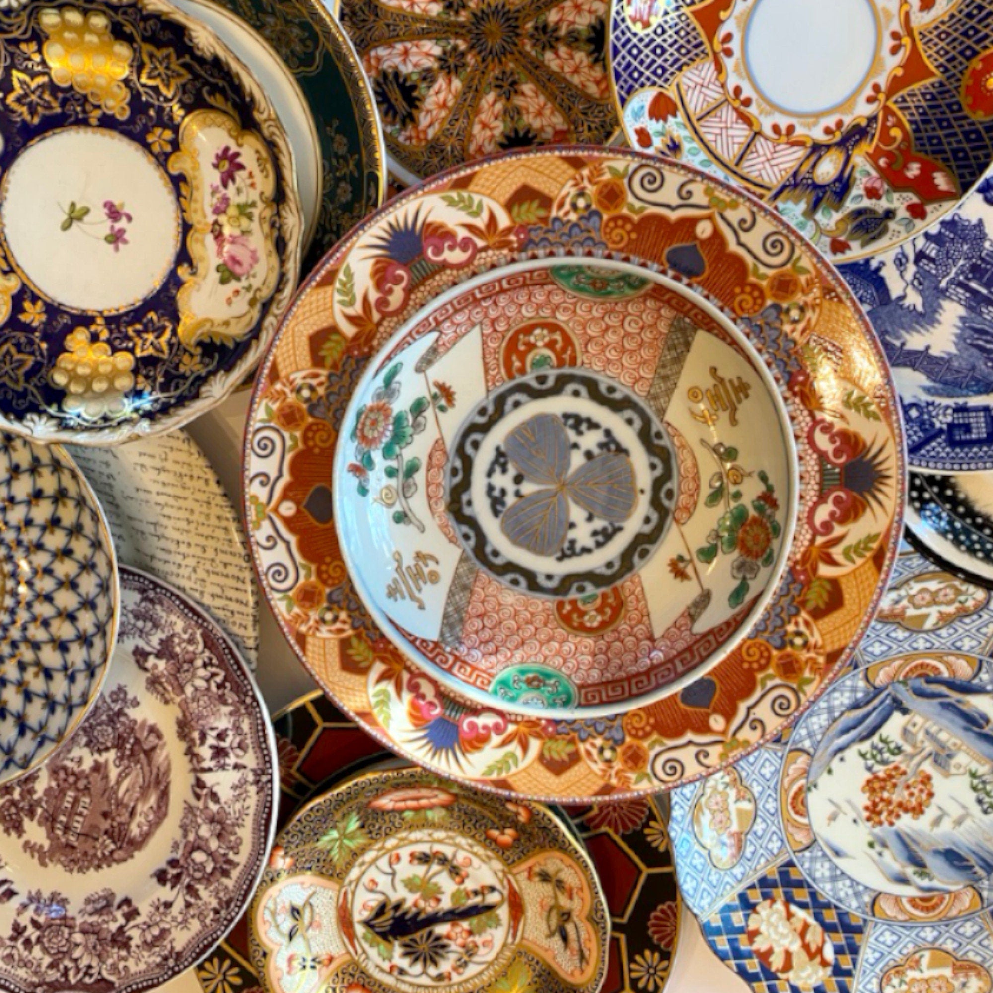 Photo featuring the beautiful vintage porcelain and antique bone china plates used in eclectiQuas broken china jewelry.