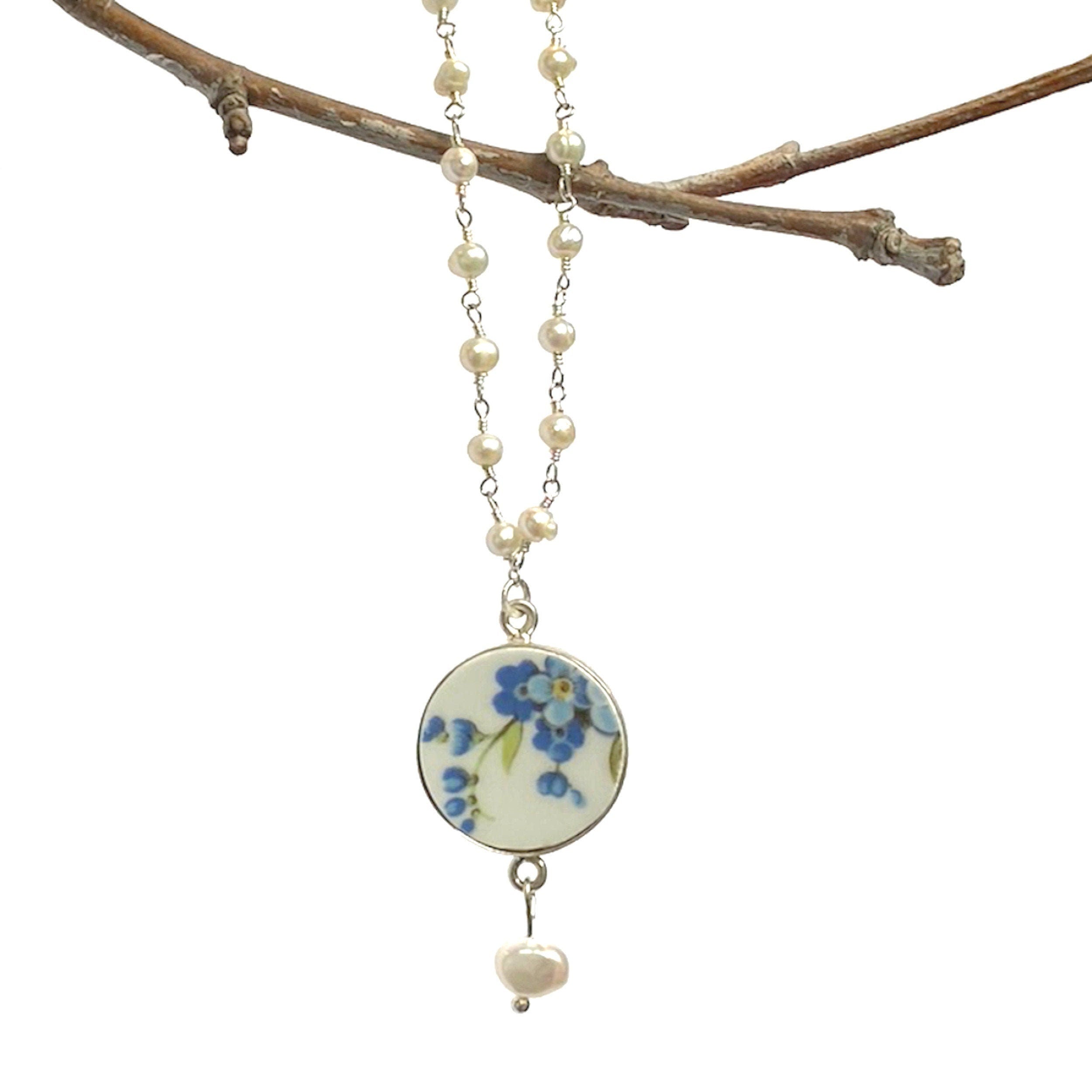 Forget Me Not Porcelain Necklace, Broken China Jewelry with Blue Flower Pendant and a Tiny Pearl Chain, Romantic 20th Anniversary Gift for Wife