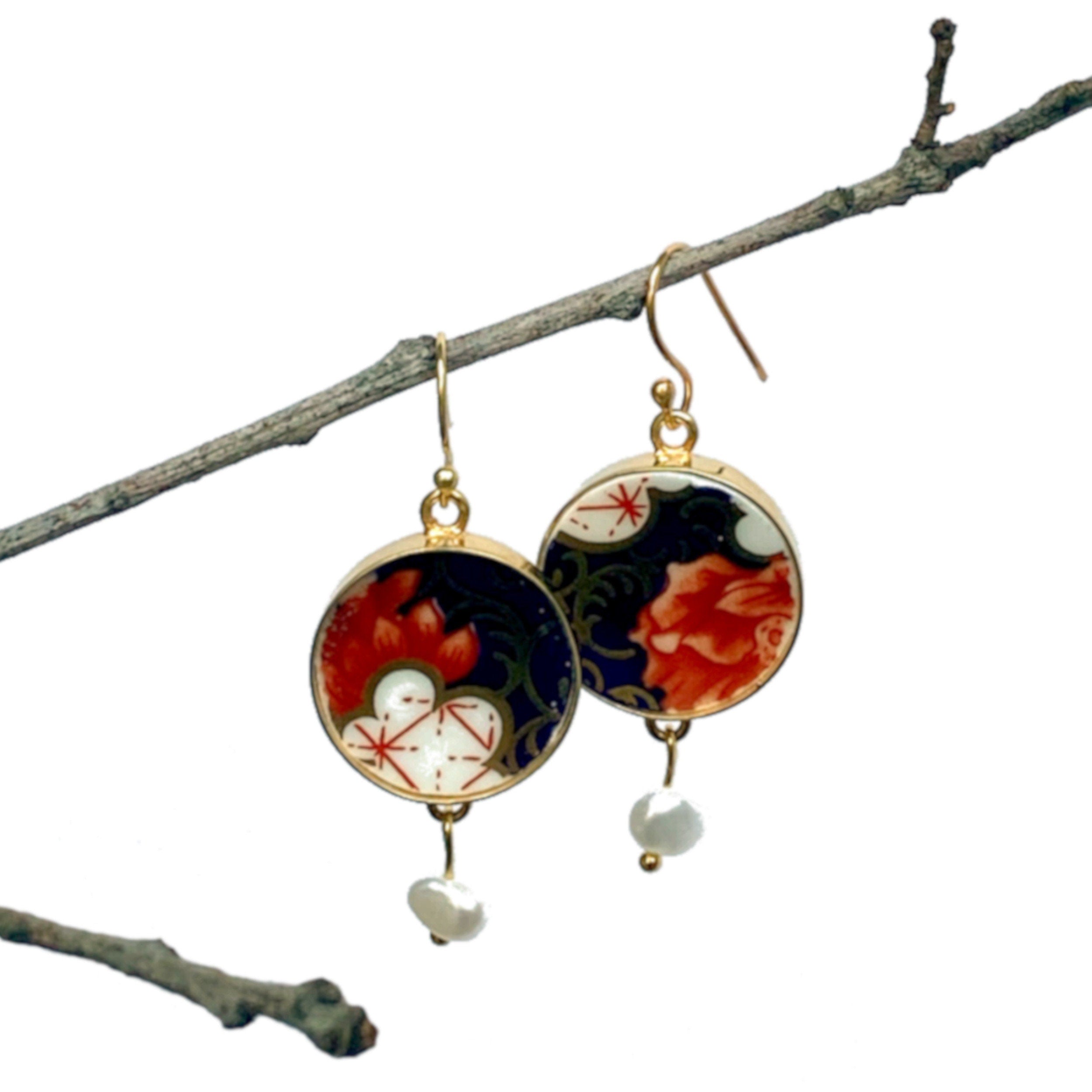 Royal Crown Derby Broken China Earrings featuring gold plated sterling silver settings and findings, dangling freshwater pearls, and repurposed china pieces from an antique Royal Crown Derby Imari china plate.