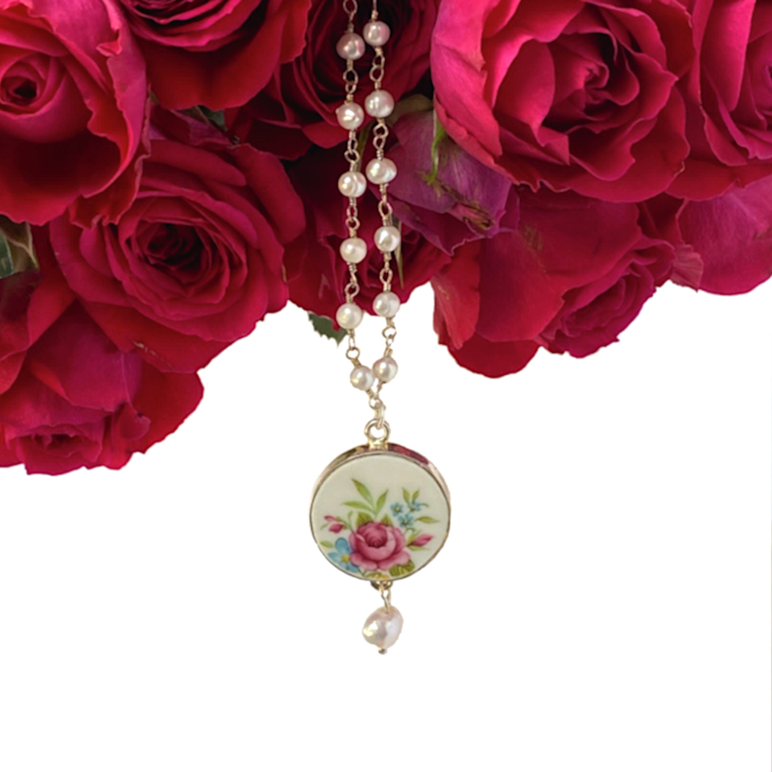 Romantic Rose Necklace, a tiny pearl 18in rosary chain made with freshwater pearls and sterling silver, a sterling silver setting and findings, and a repurposed china piece from a vintage Staffordshire Majestic Choice Rose china plate.