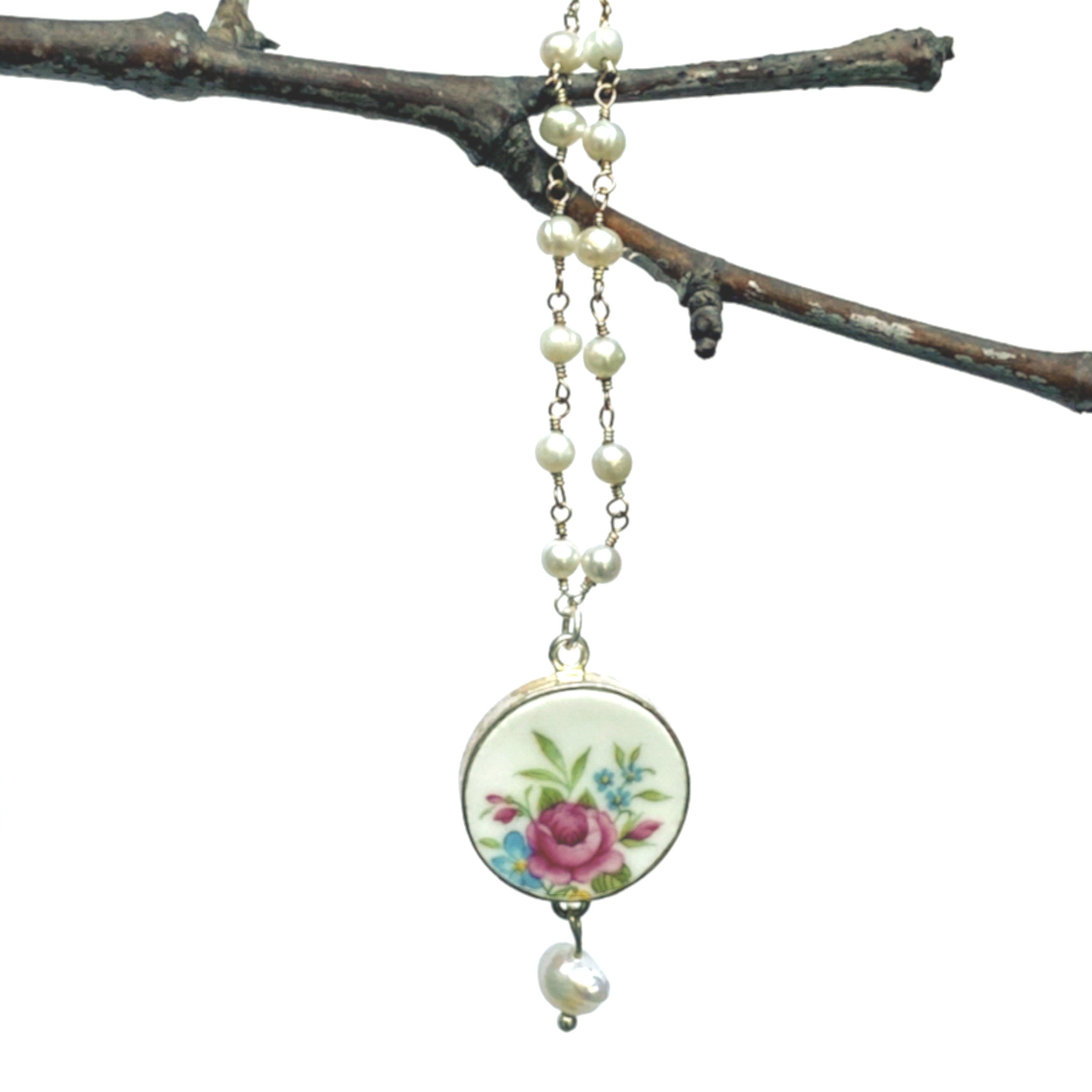 Romantic Rose Necklace, featuring a 18in tiny pearl rosary chain made with freshwater pearls and sterling silver, a sterling silver setting and findings, and a repurposed china piece from a vintage Staffordshire Majestic Choice rose china plate.