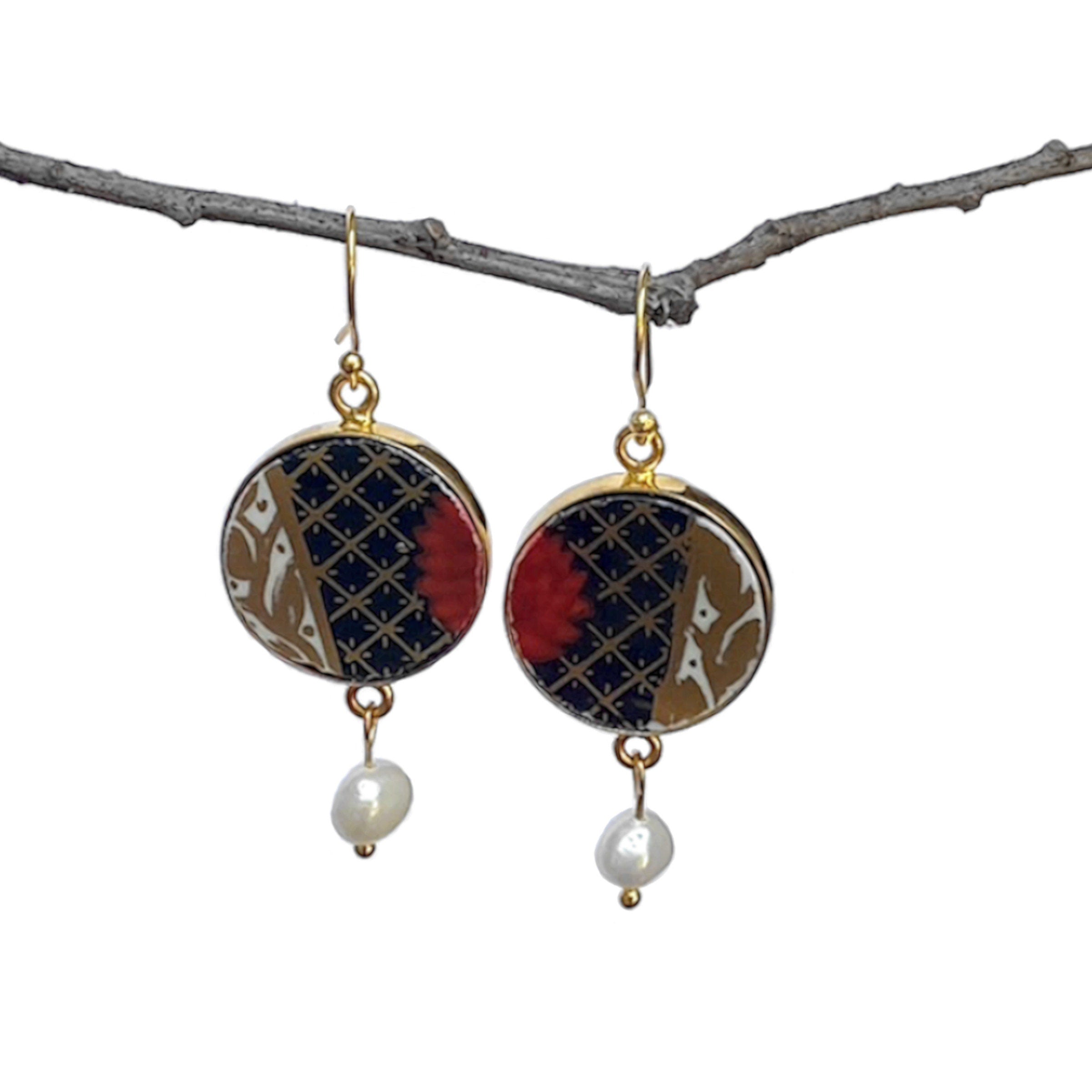 Upcycled Imari Porcelain Dangle Earrings handmade with Red Black Gold Imari