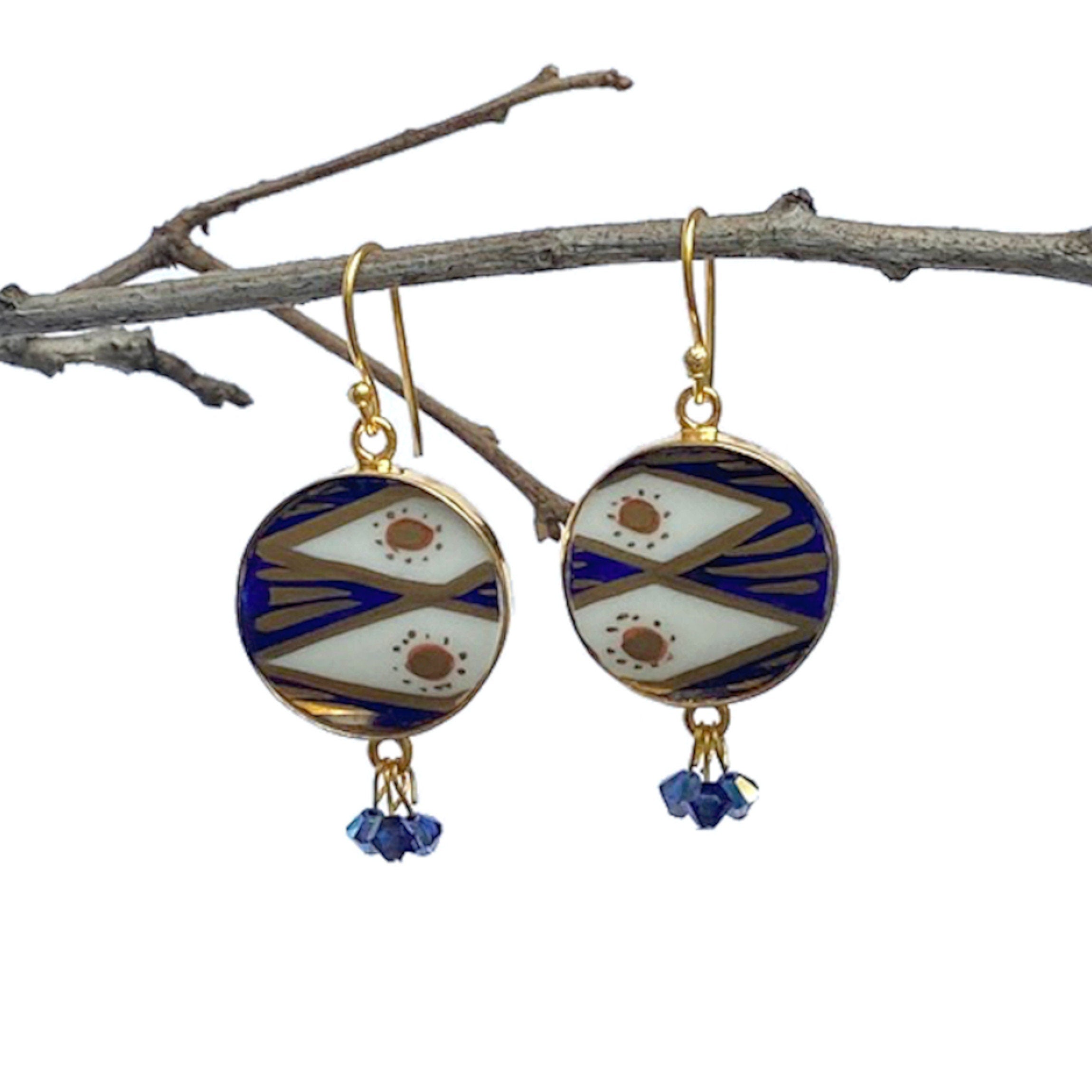 Upcycled Artisan Dangly Porcelain Earrings handmade from Royal Crown Derby Imari China & Swarovski Clusters, Unique Boho Indie Jewelry Gift