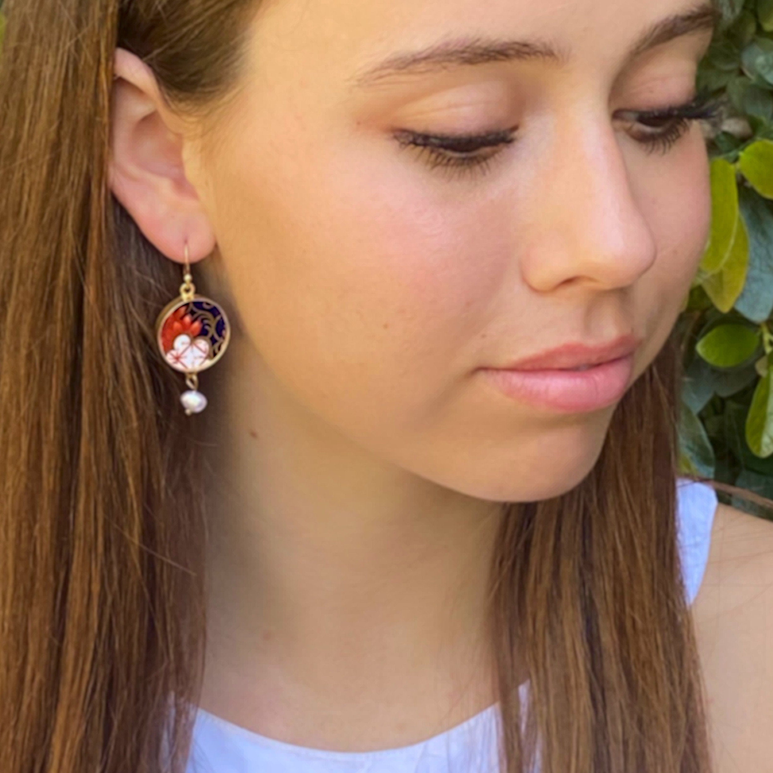 Model wearing this Royal Crown Derby Imari Broken China Earrings featuring fine gold plated sterling silver settings and repurposed china pieces.