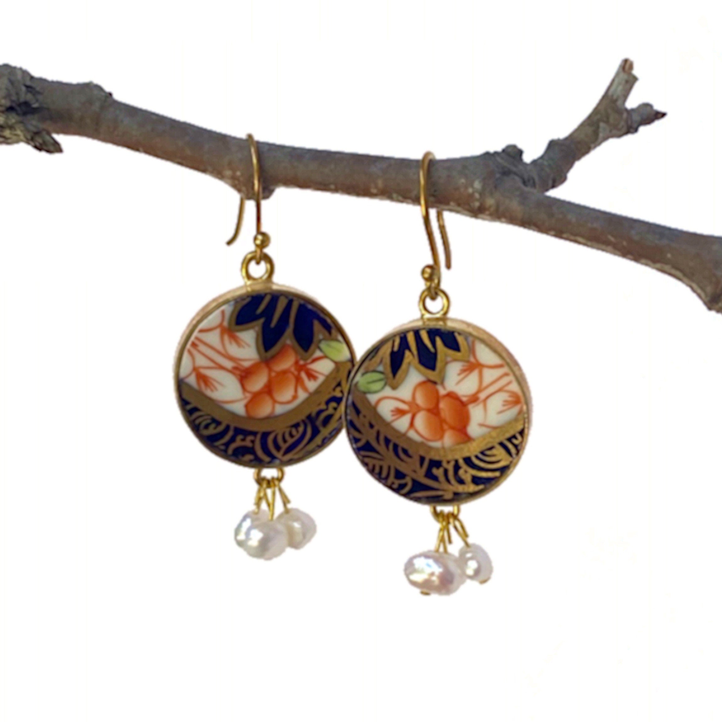 Royal Crown Derby Broken China Earrings featuring gold plated sterling silver settings and findings, clusters of dangling freshwater pearls, and repurposed china pieces from an antique Royal Crown Derby Imari china plate.