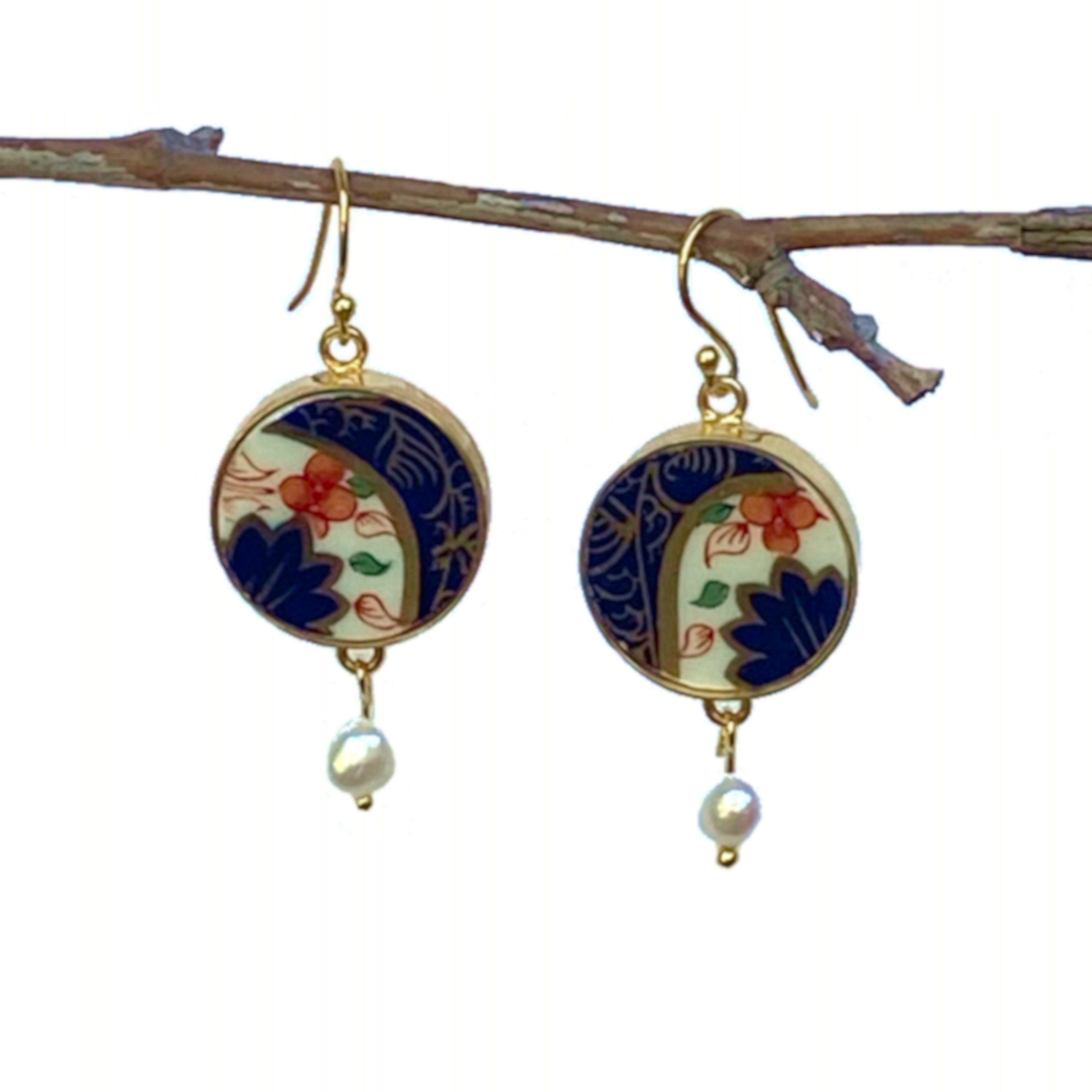 Bold Artisan Porcelain Dangly Earrings handmade with Royal Crown Derby Imari China