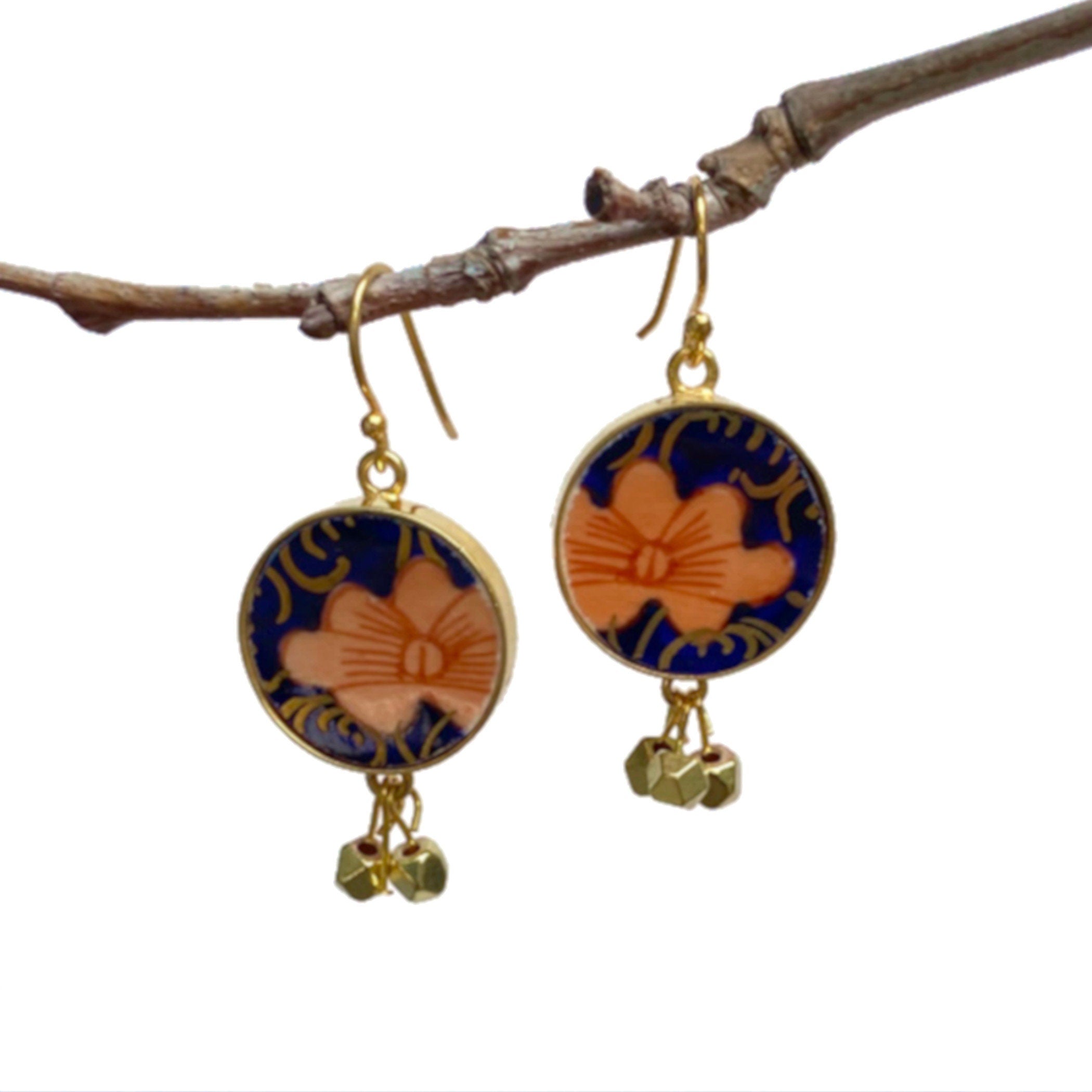 Old Imari Flower Porcelain Earrings handmade with Royal Crown Derby Imari China