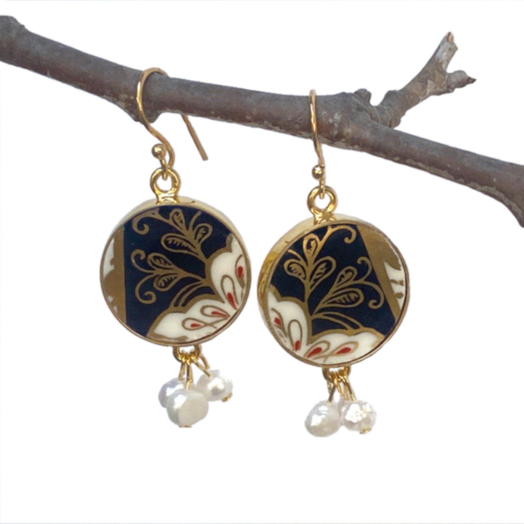 Modern Black and Gold Imari Porcelain Earrings handmade with Tiny Pearl Clusters