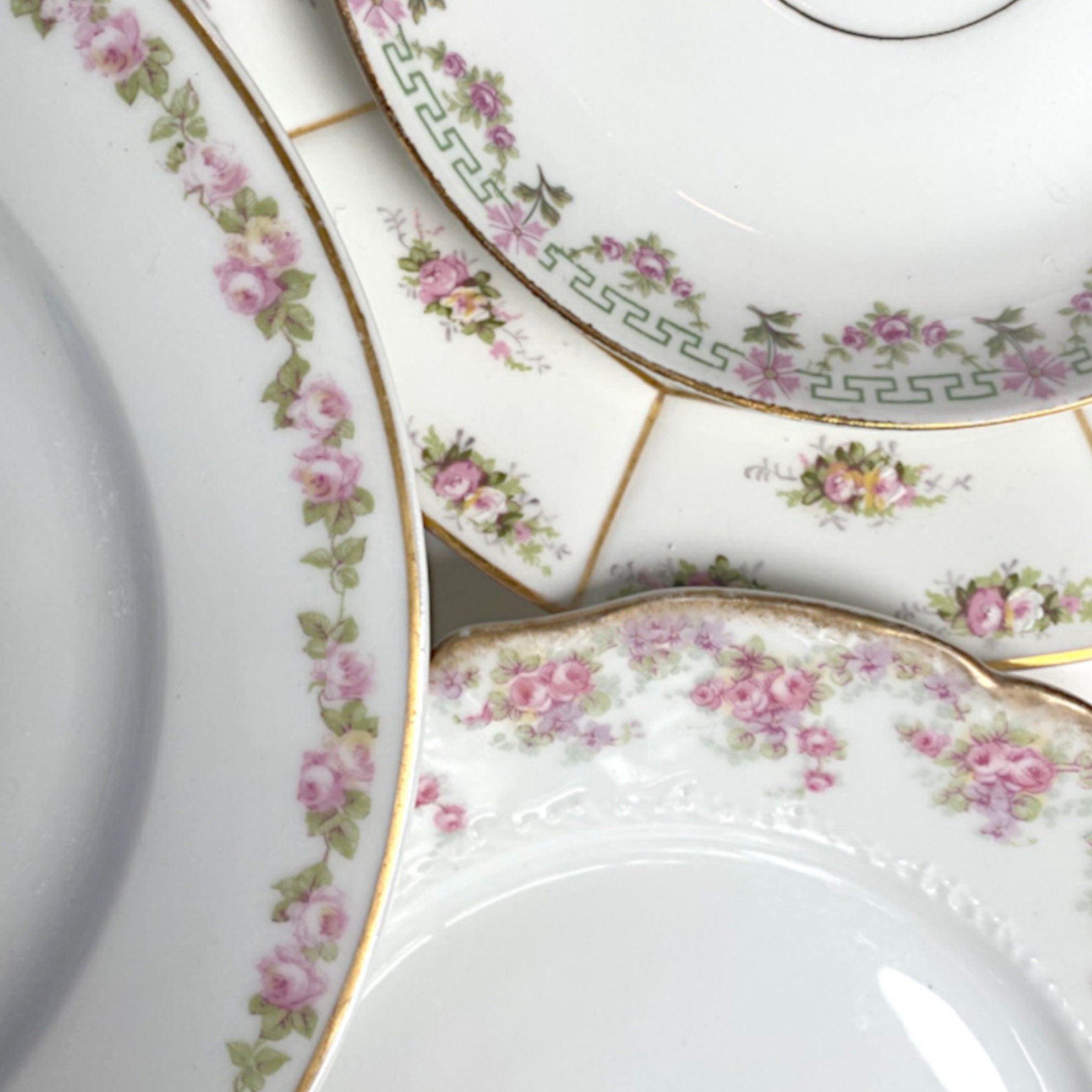 Photo featuring the beautiful French Limoges Rose vintage porcelain and antique bone china plates used in eclectiQuas broken china jewelry.