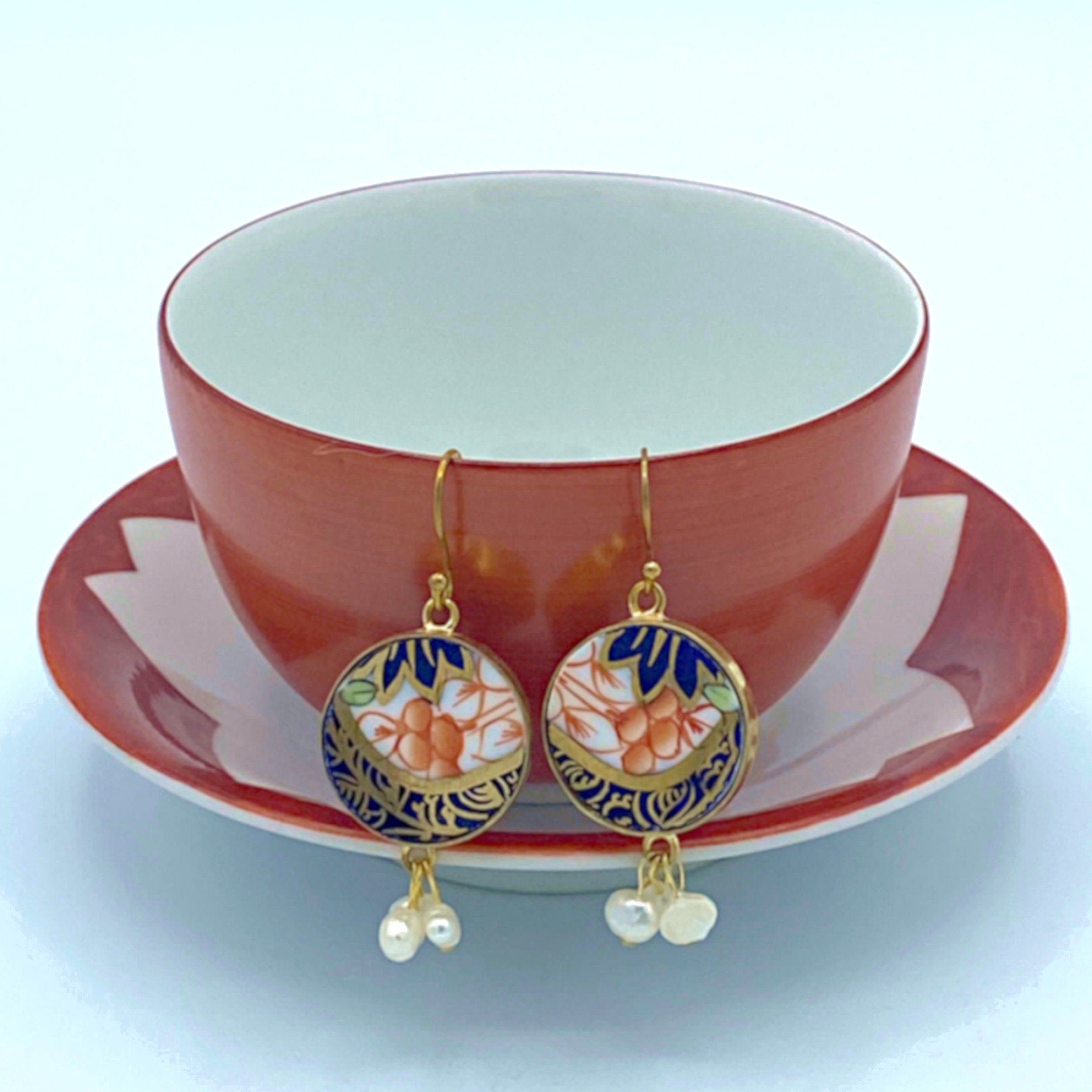 Royal Crown Derby Imari Porcelain Earrings handmade from an Old Imari Plate