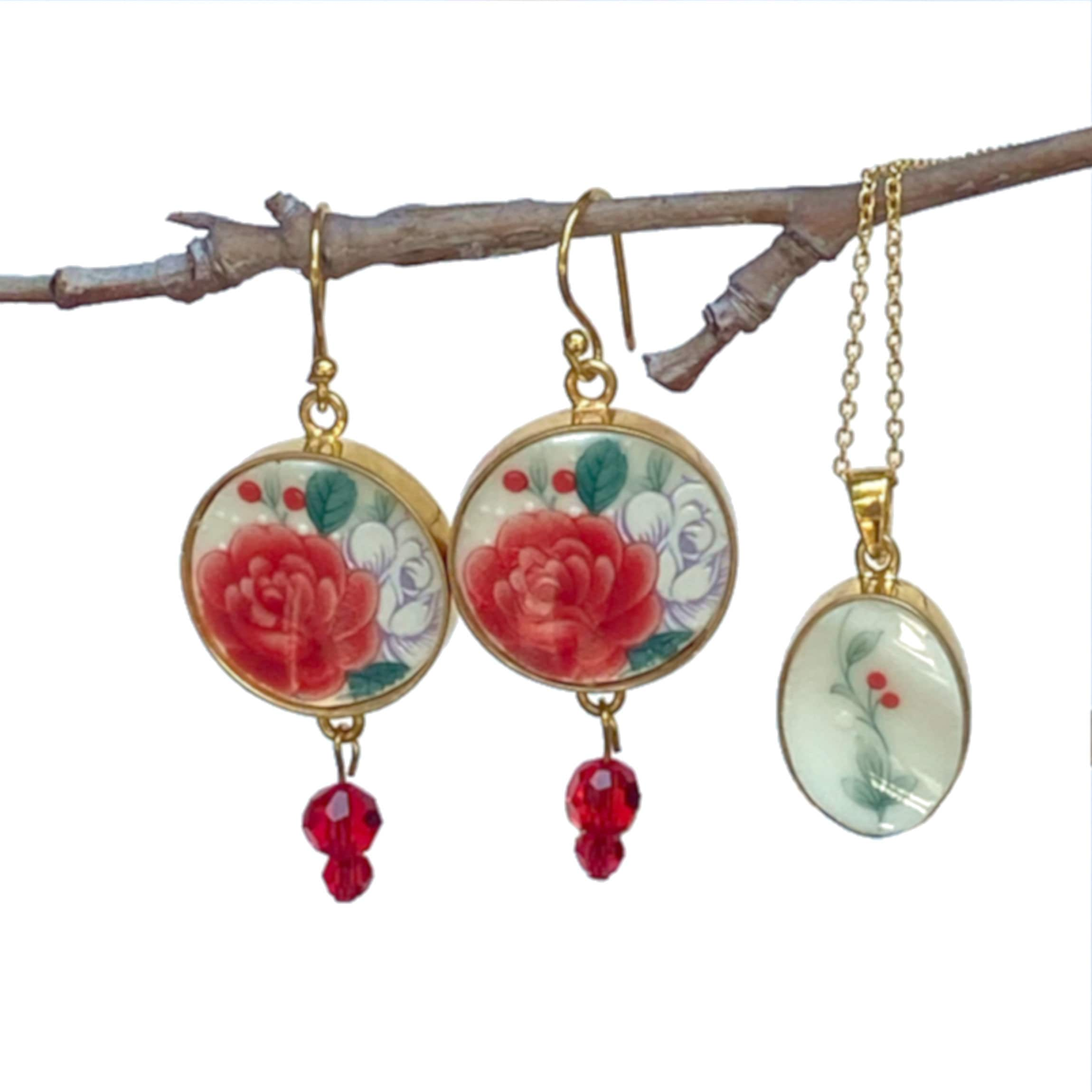 Christmas Broken China Jewelry Set handmade with Repurposed China, Red Rose China Earrings & Holly Necklace