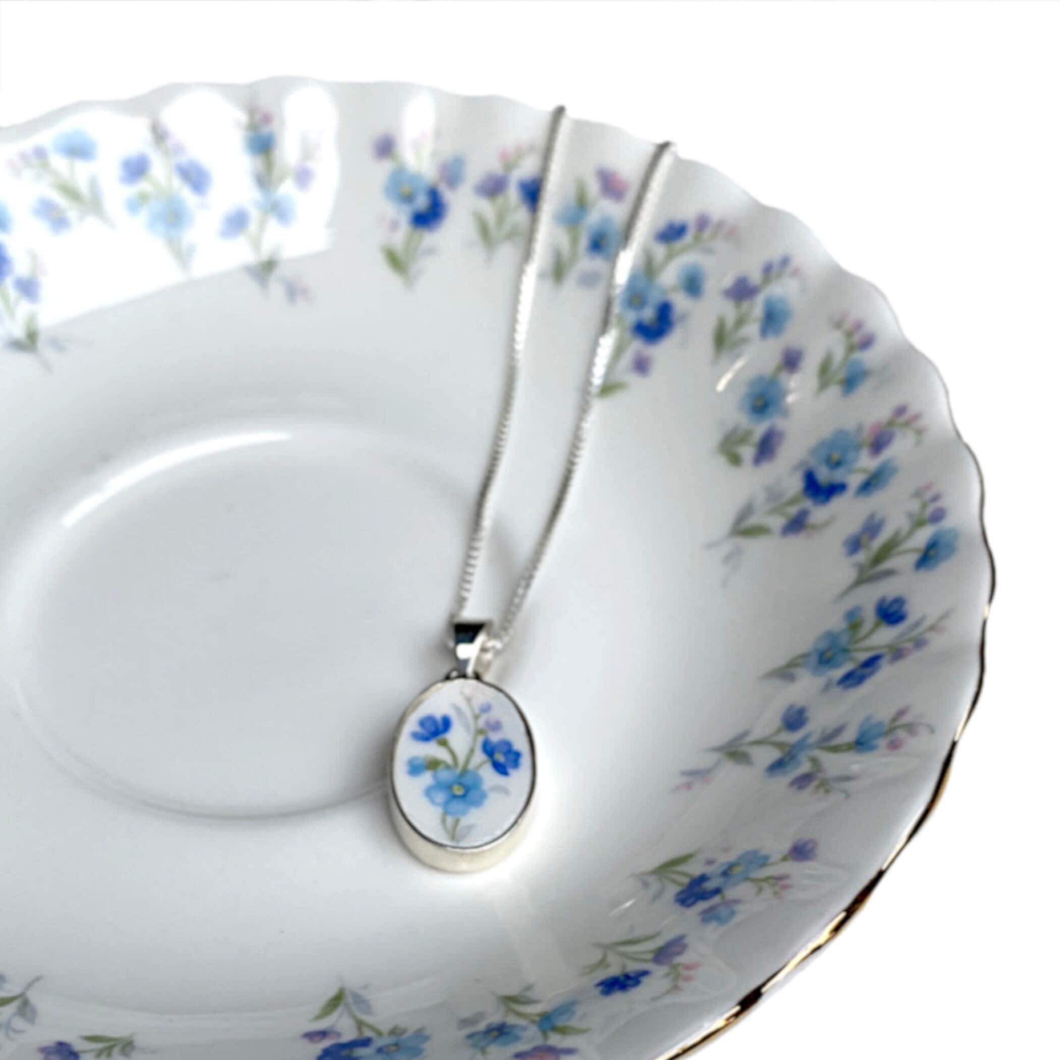 Royal Albert Memory Lane forget me not broken china necklace, repurposed vintage china plate jewelry, romantic gift for her