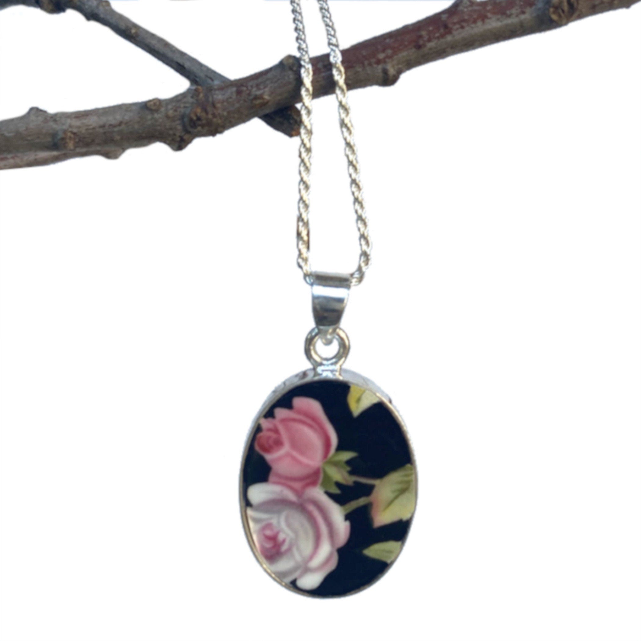 Vintage Royal Albert Rose Chintz China Necklace handmade with Black & Pink Roses