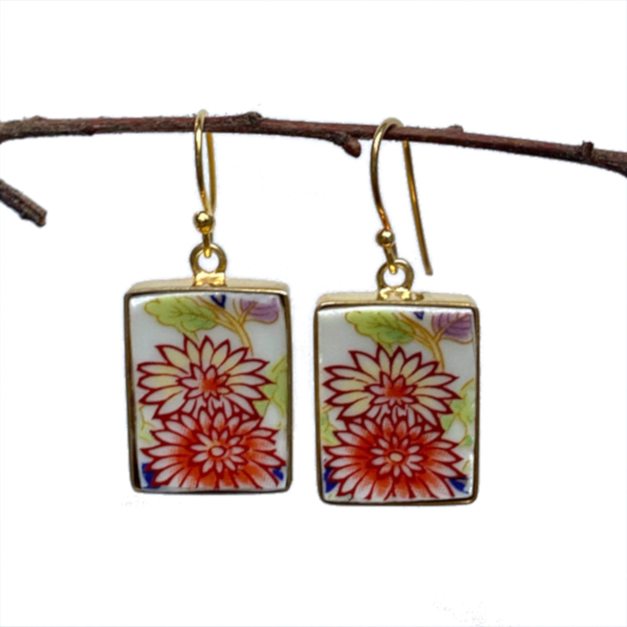 Japanese Imari Porcelain Rectangle Dangly Earrings handmade with Repurposed China, Red Chrysanthemum Porcelain Jewelry Gift for Her Birthday