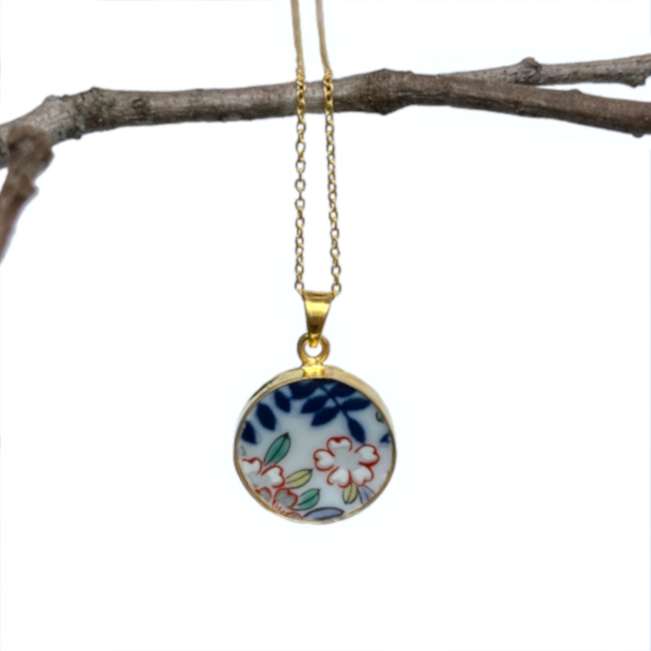 Gold Imari Arita Porcelain Necklace with Small Floral China Pendant