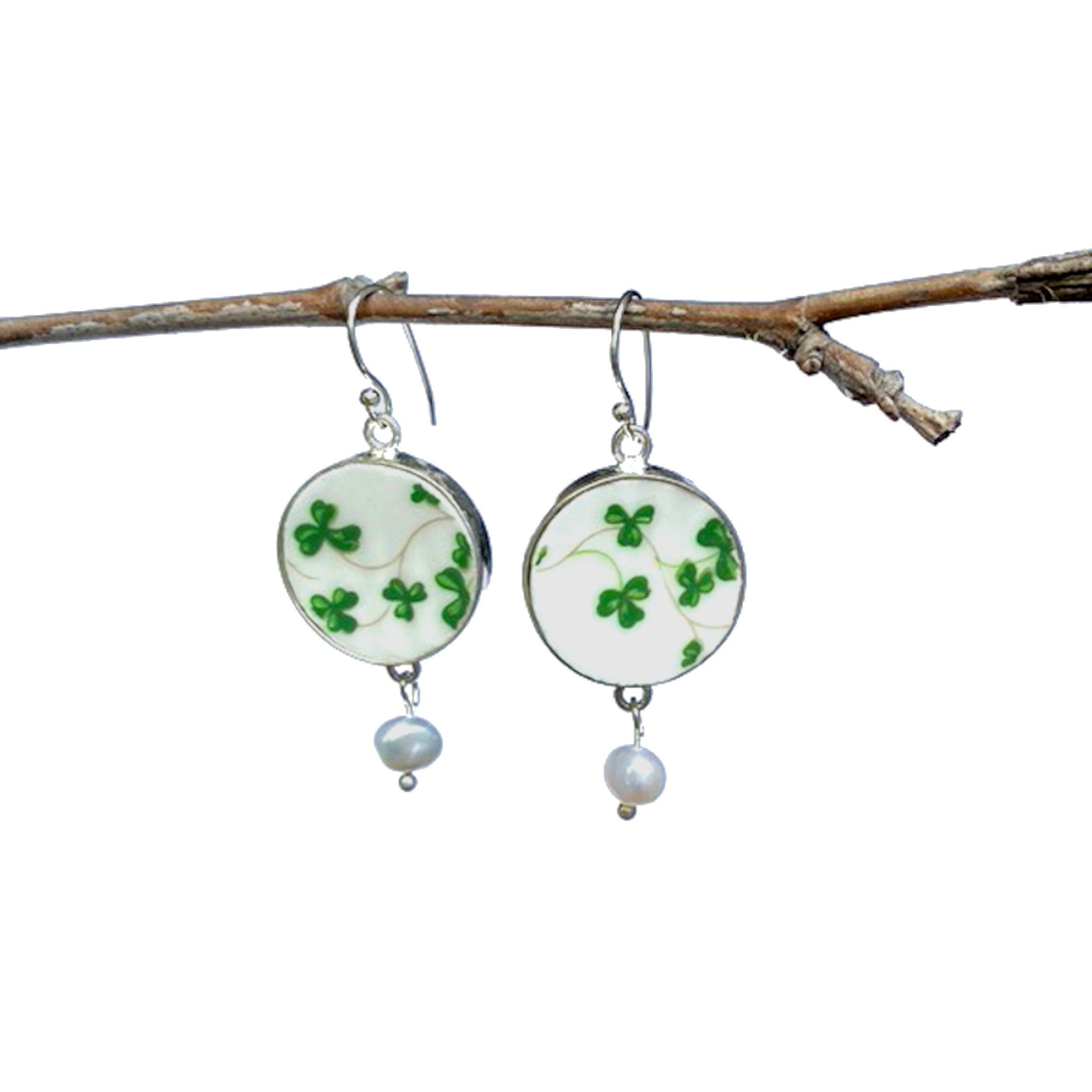 Irish Broken China Jewelry with Royal Tara Shamrock China, Four Leaf Clover Earrings