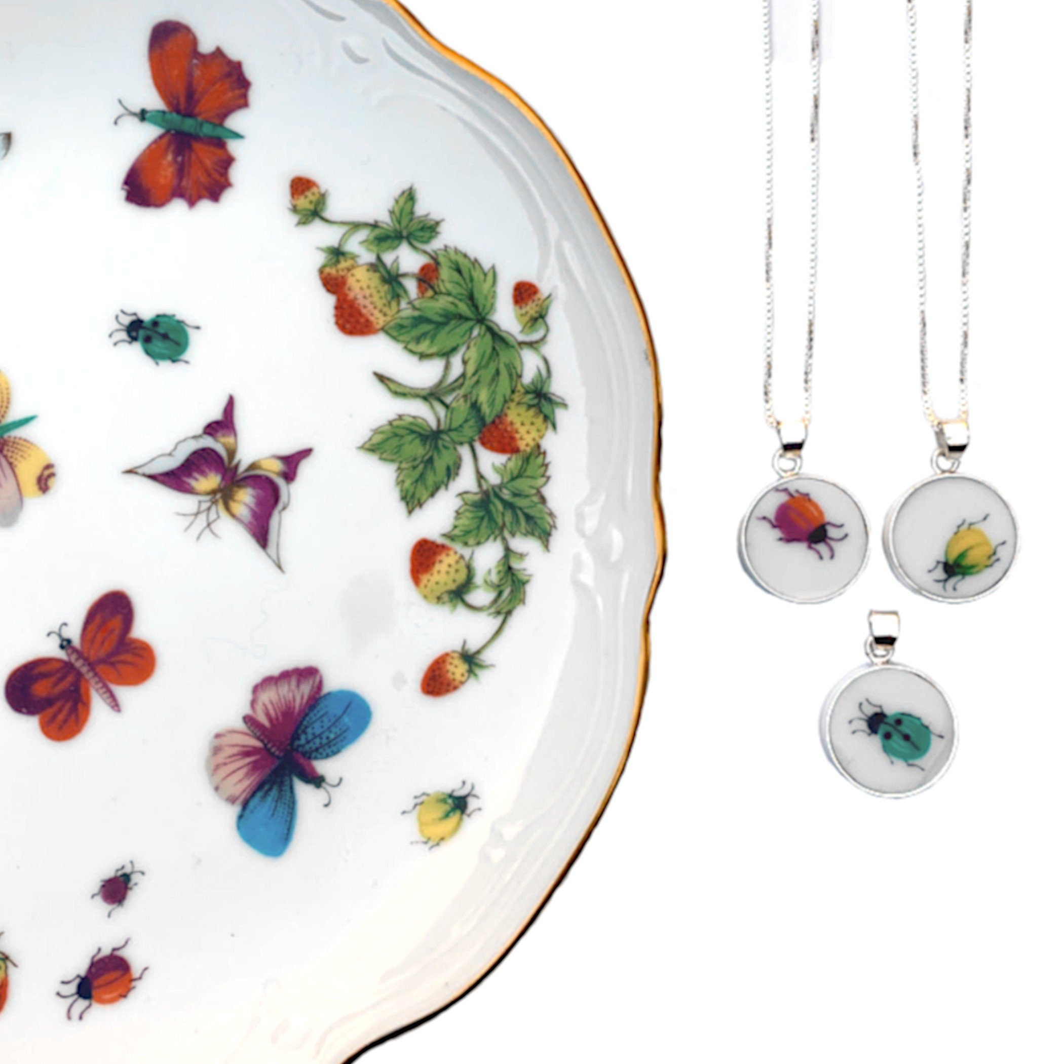 Ladybug Necklaces with Broken China Pendants from Lenwile Ardalt China Plates